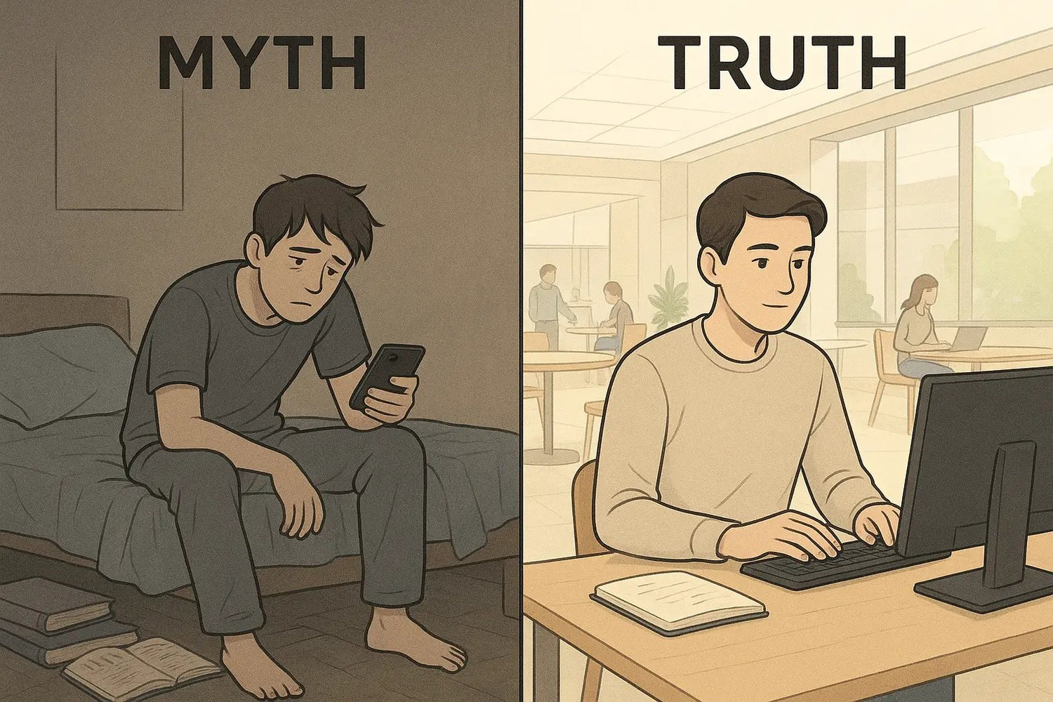 Student comparison: unproductive dorm rest versus focused campus library work between classes.