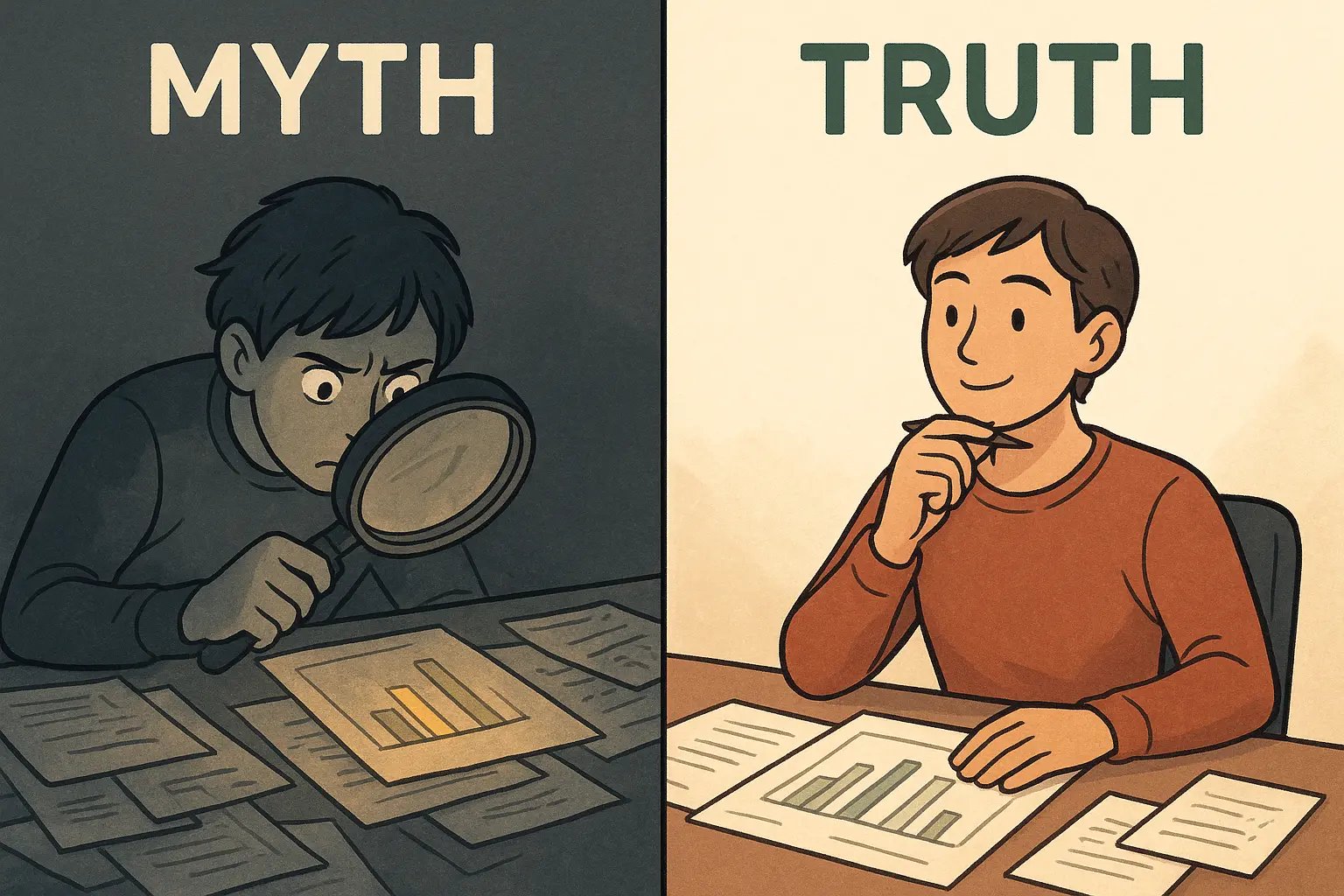 Student calmly reviewing full research data and charts on desk with clear understanding versus being distracted by single flashy detail