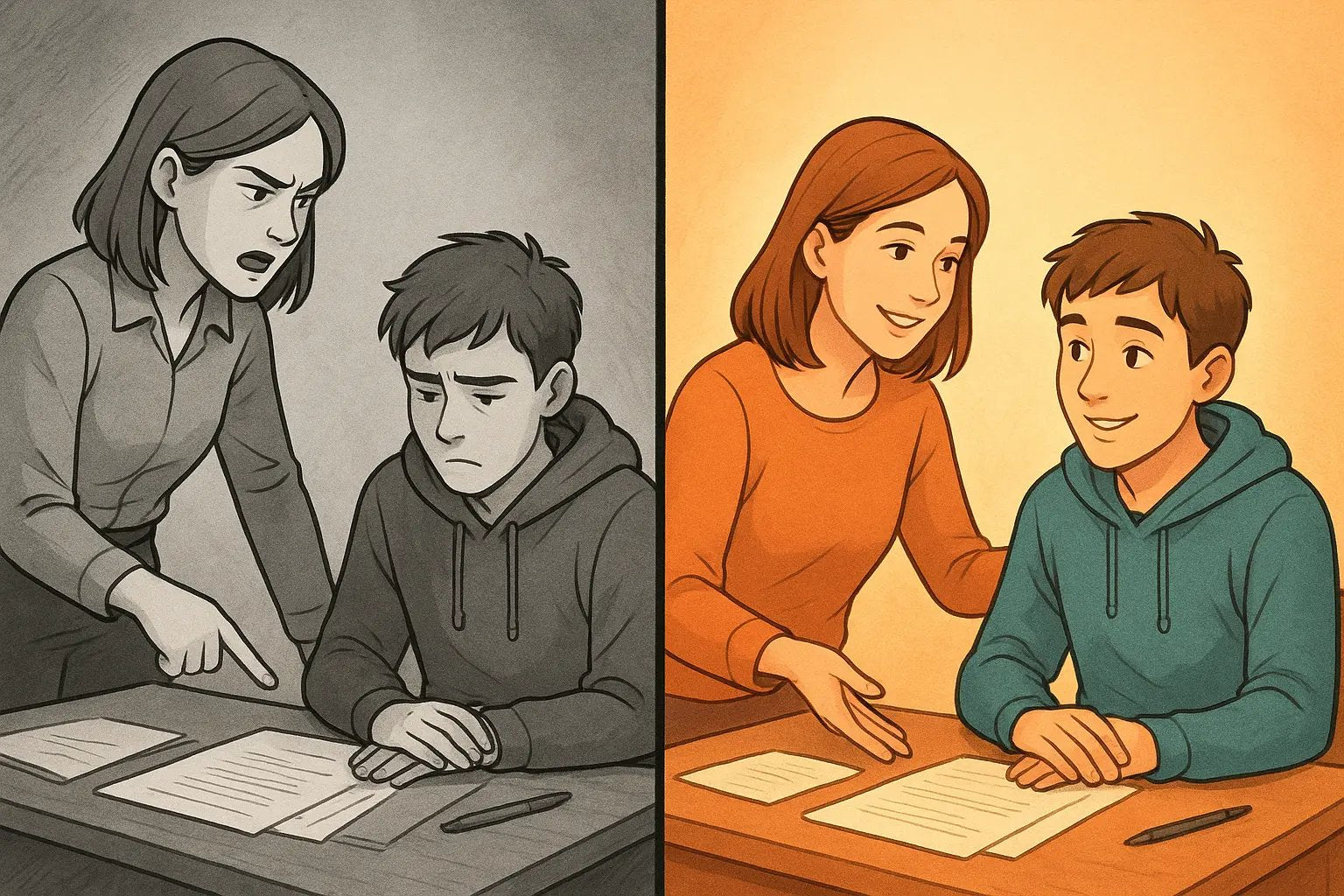 Side-by-side comparison showing a harsh approach versus a warm, supportive approach to helping a neurodivergent person focus at a desk