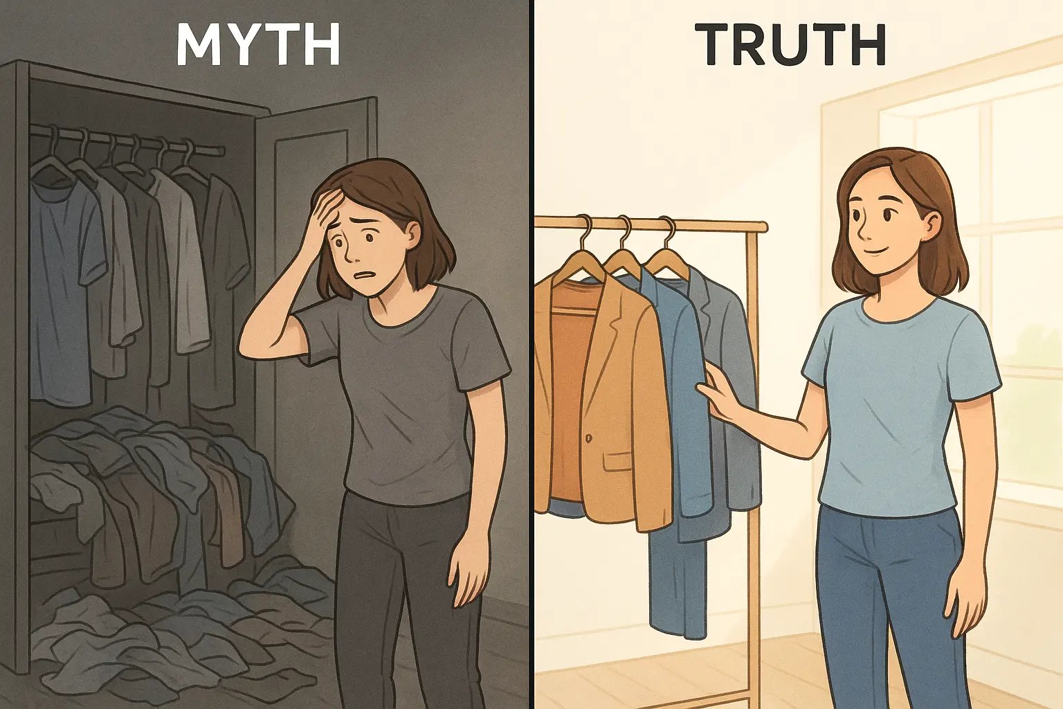 Side-by-side comparison showing a stressed woman before a chaotic wardrobe versus the same woman calmly choosing from an organised clothing rack