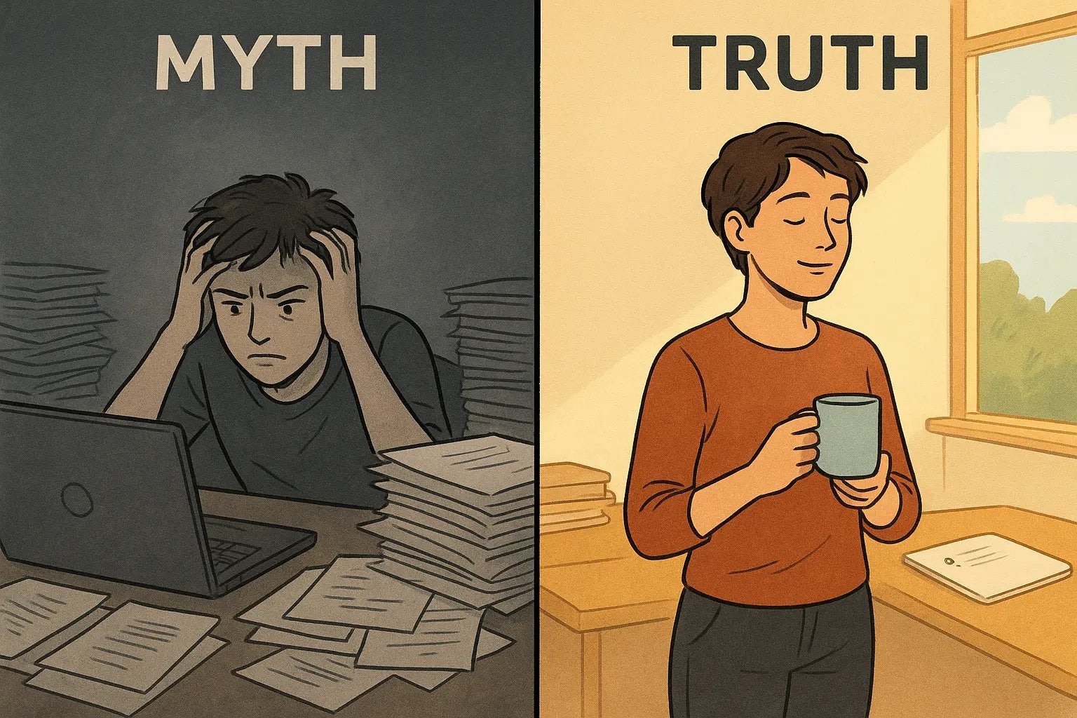 Side-by-side comparison showing stressed person at chaotic desk versus calm person taking mindful tea break before tackling manageable task