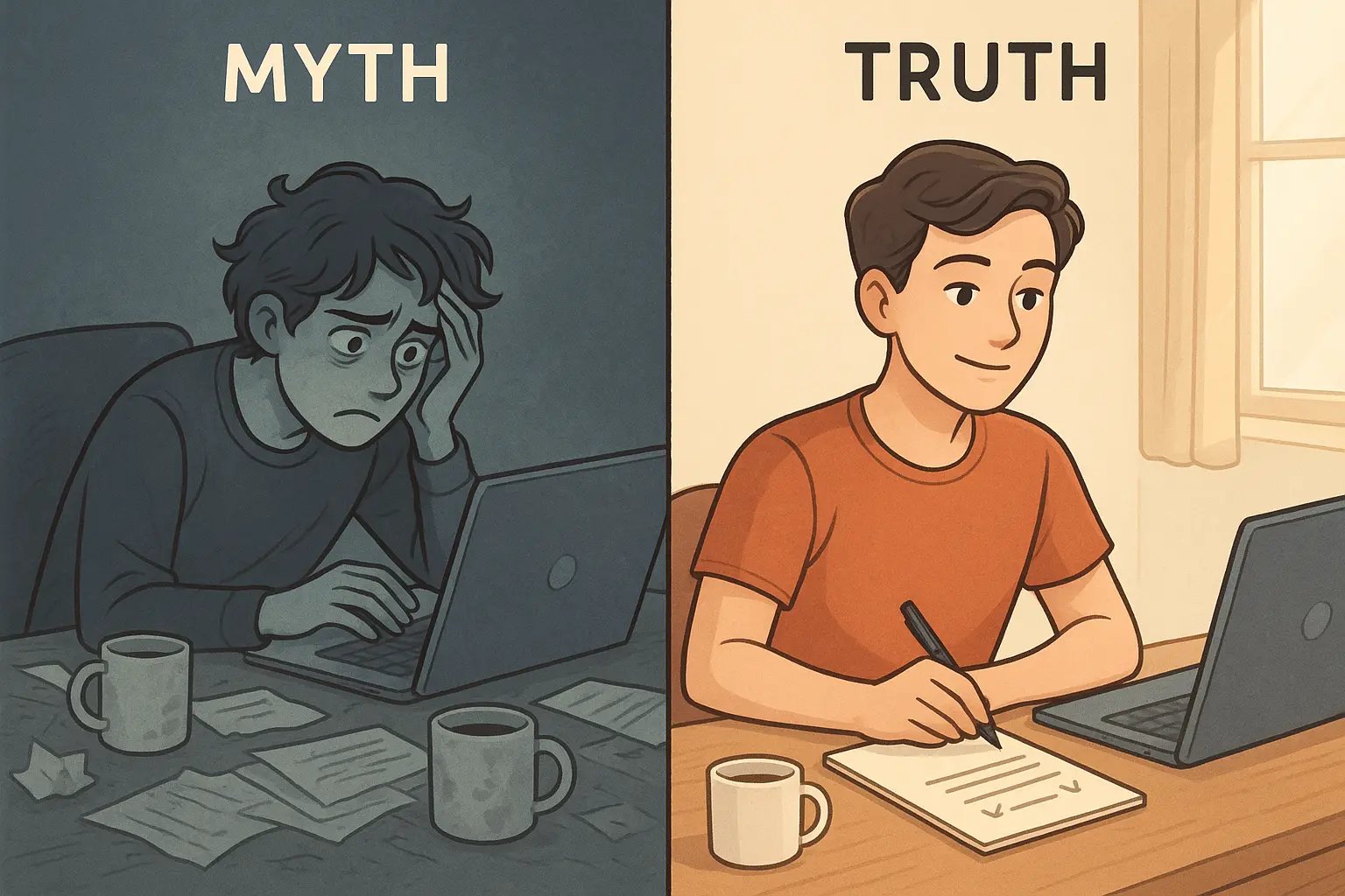 Split image showing a stressed person at a cluttered desk versus the same person calmly writing a simple plan in an organised workspace.