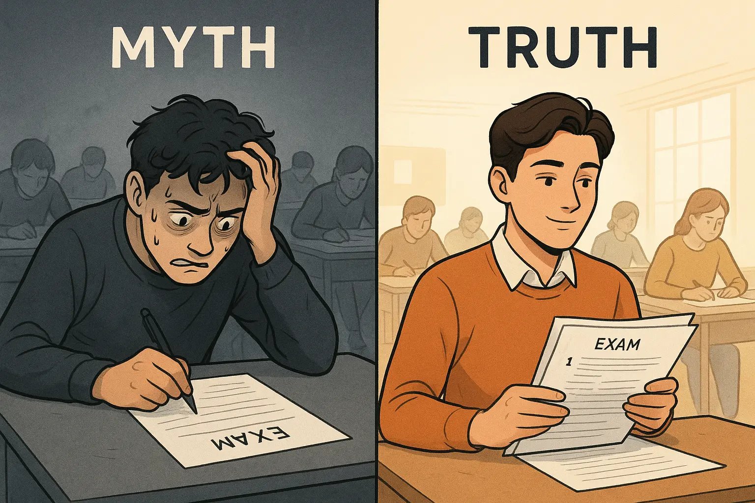 Split illustration showing a stressed student stuck on question one versus a calm student strategically scanning their exam paper