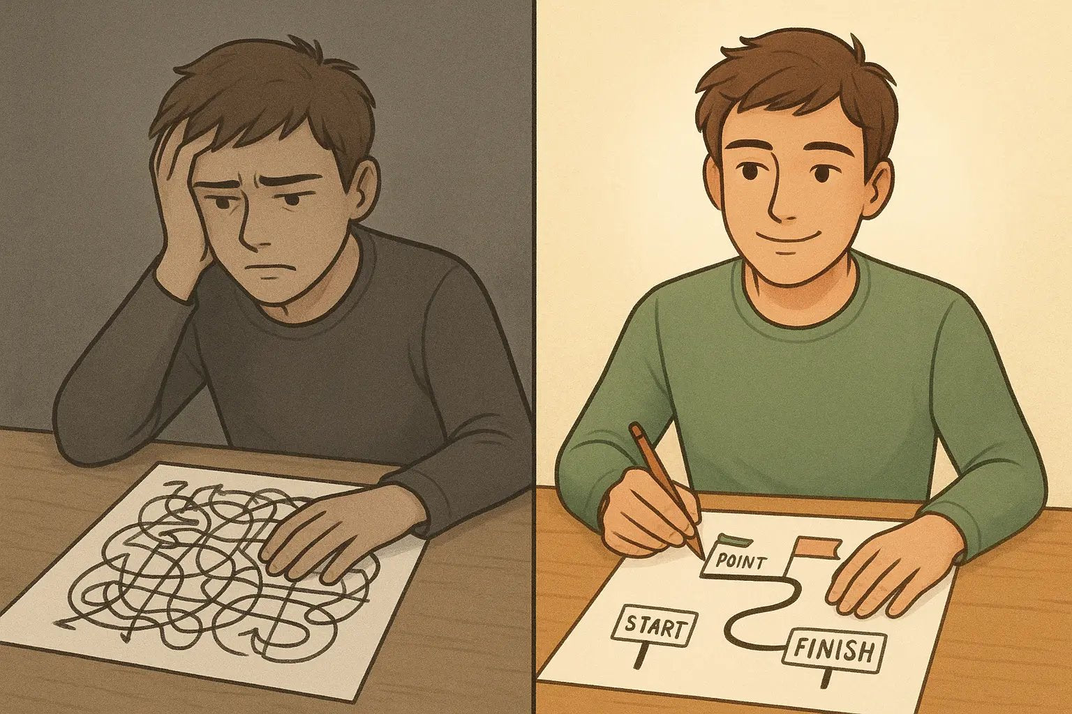 A comparison showing a confused student with a maze-like paper versus a confident student with a clear roadmap and signposts