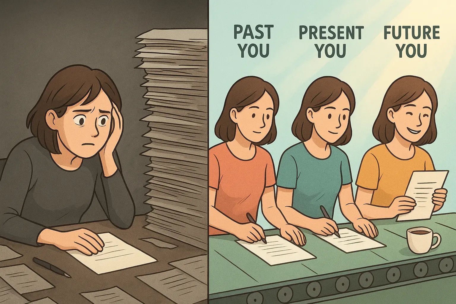Split comparison: stressed person facing tasks alone versus three versions working together as an assembly line team
