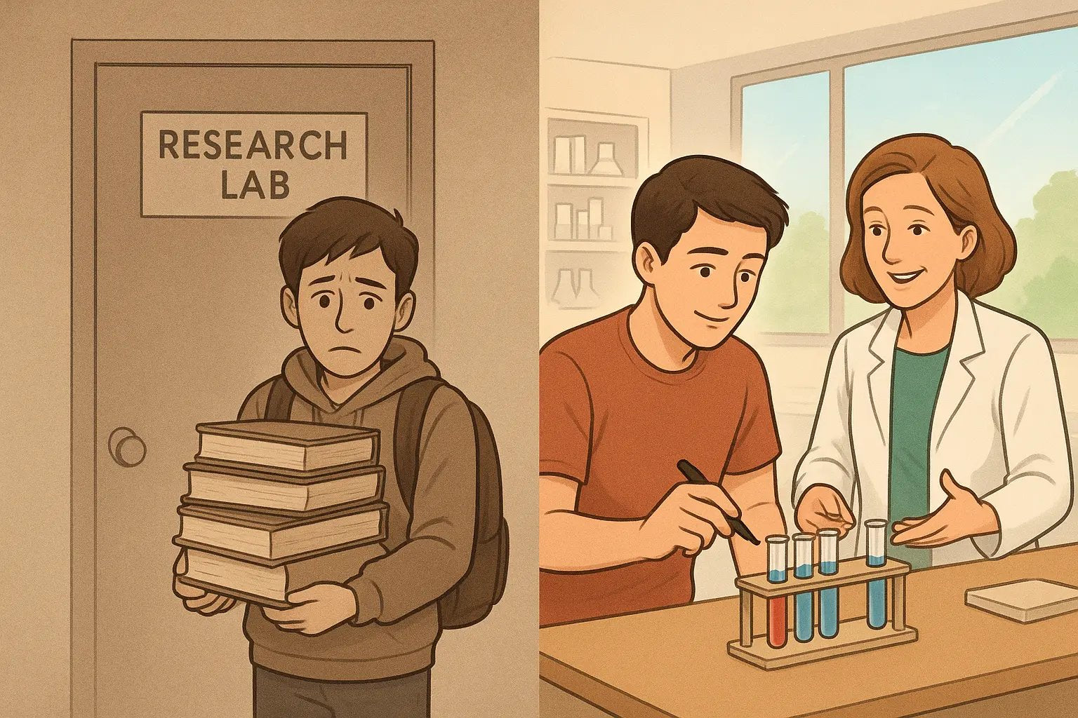 Student confidently working in a research lab alongside a professor, learning by doing rather than waiting outside.