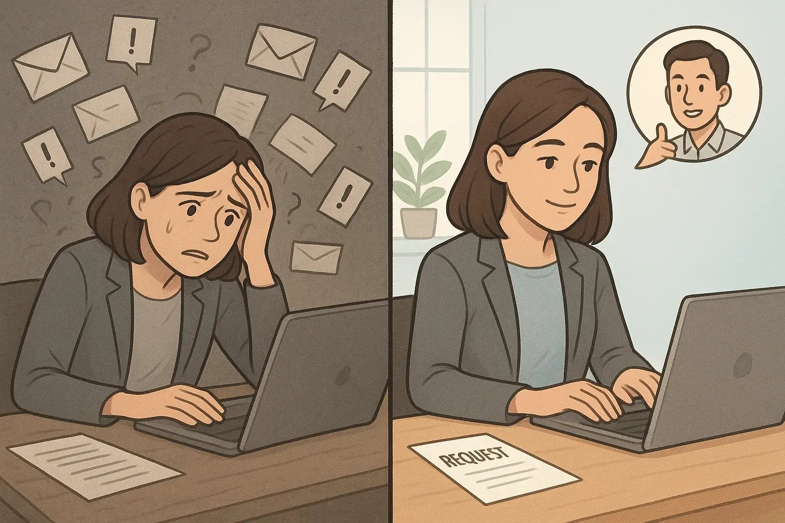 Split illustration showing stressed woman surrounded by chaotic requests versus calm woman confidently sending organised reply