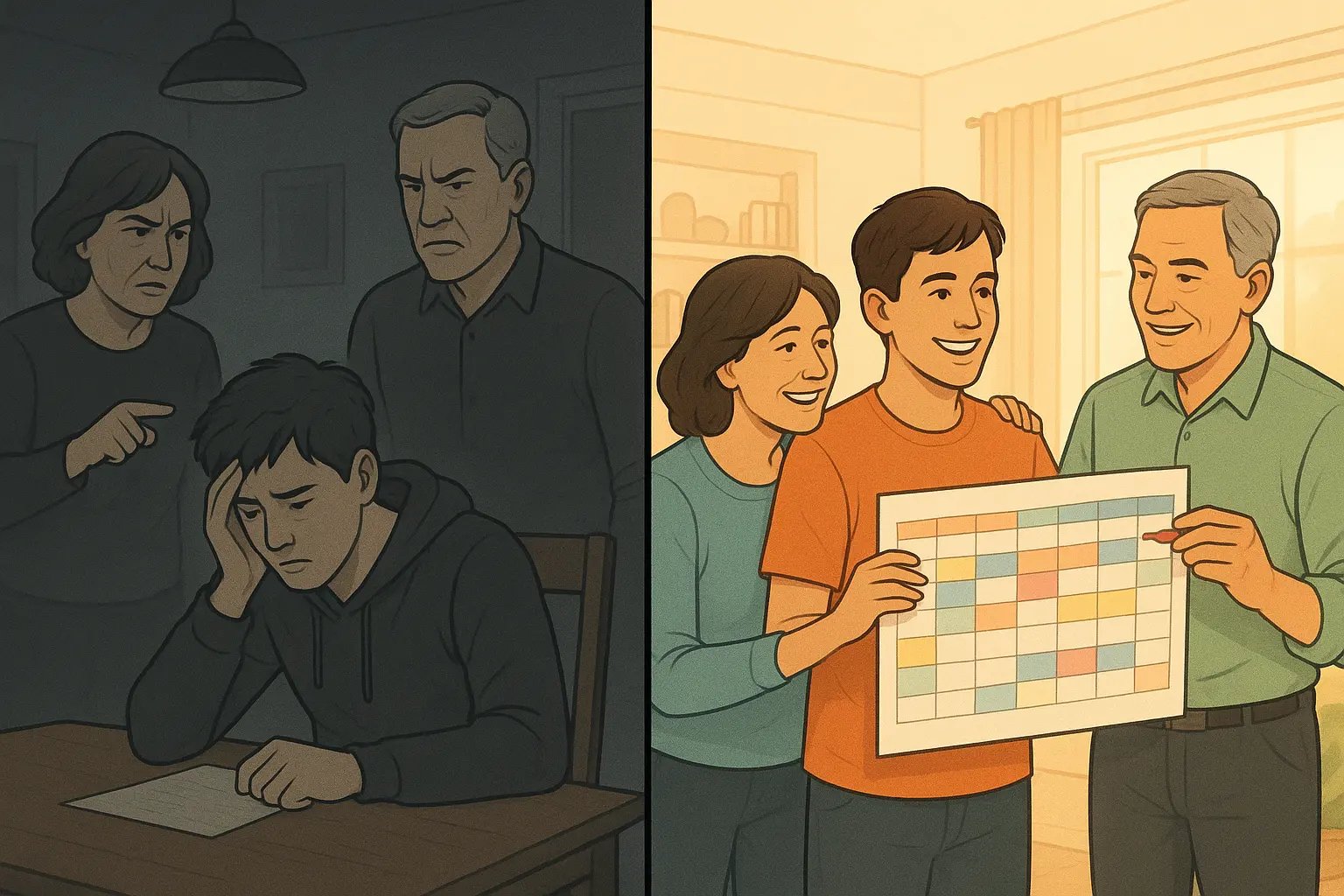 Side-by-side illustration showing a family moving from blame in darkness to collaborative teamwork in bright, organised space