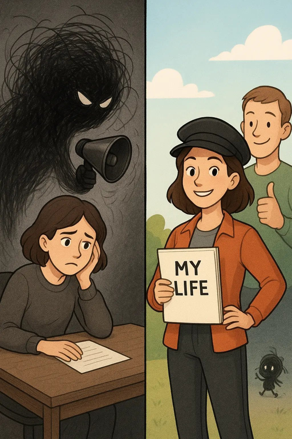 Split illustration showing a person overwhelmed by their condition versus confidently directing their life with support