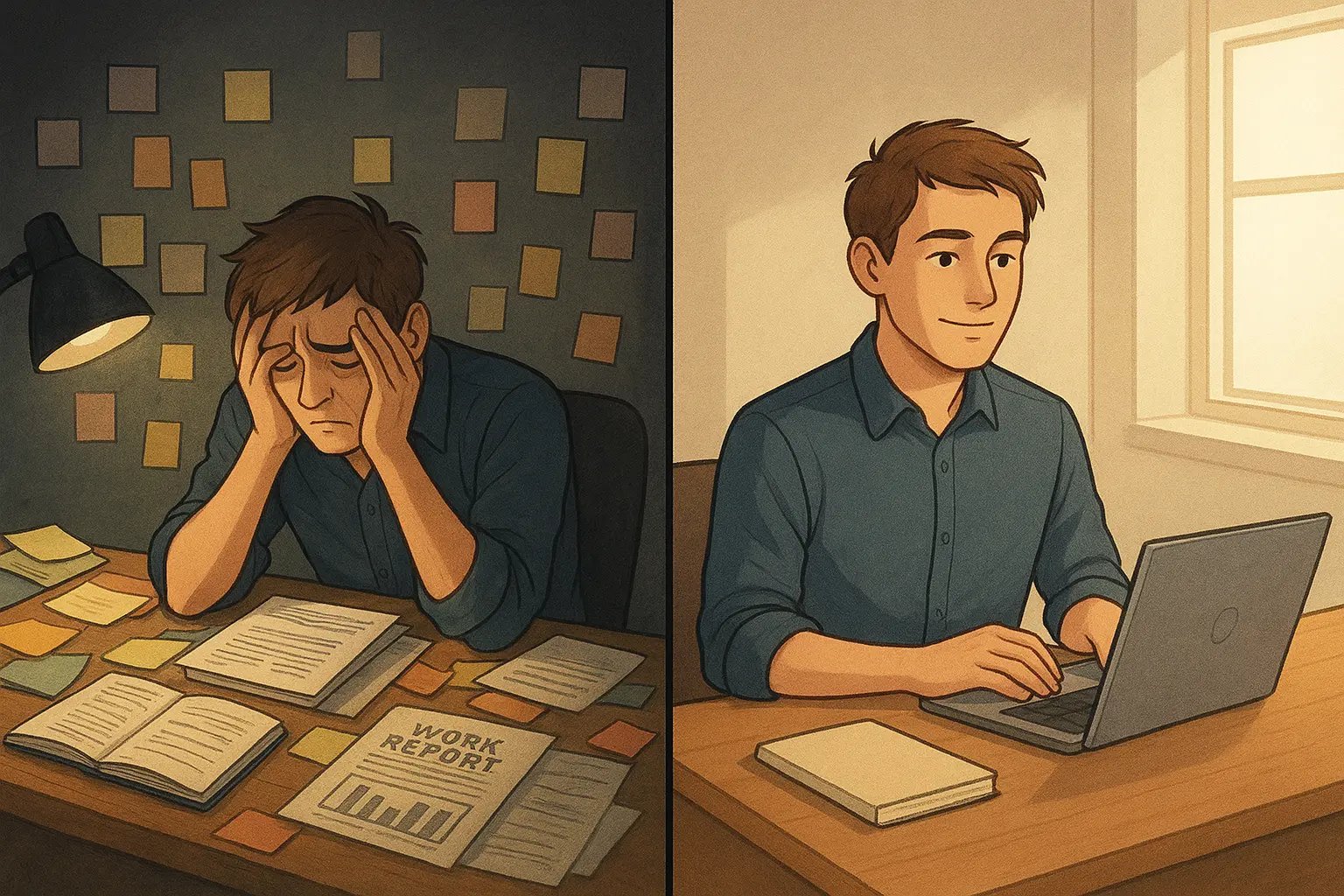 Split-panel illustration showing a man's transformation from an overwhelmed, cluttered desk to a calm, organised workspace with one clear focus.