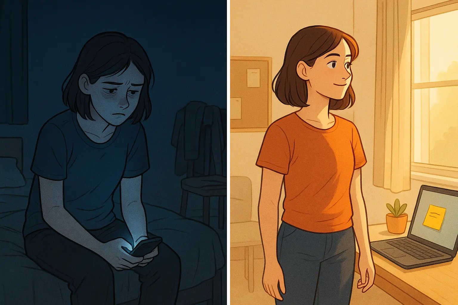 Split panel showing a woman's bedroom transformation: stressed at night with phone, then calm next morning with a task note on her laptop
