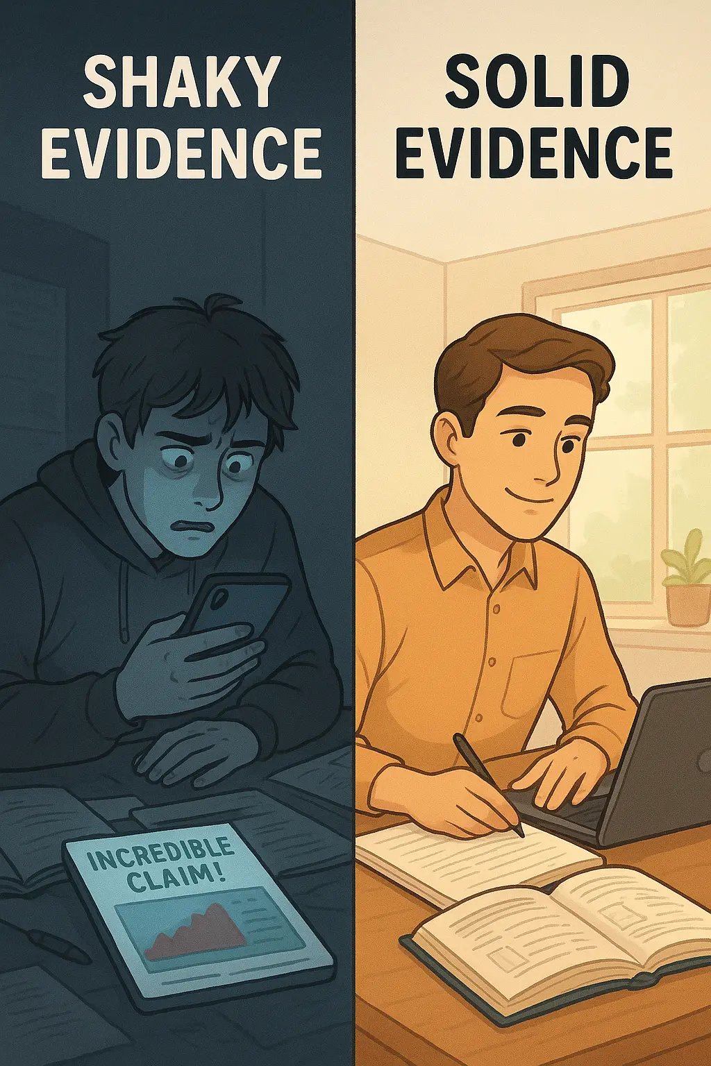 A student comparing multiple reputable sources at an organised desk in bright light, versus believing a single sensational source on their phone in the dark.