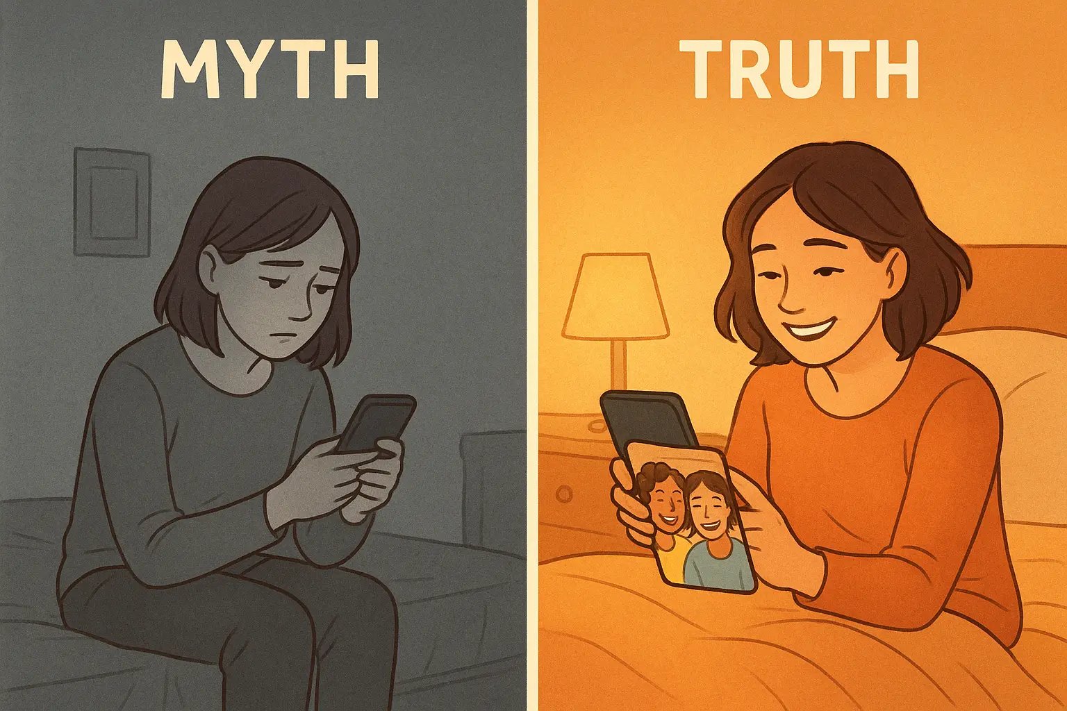 Woman happily video-chatting with friends from her cosy room, illustrating genuine online connection and digital friendship support.