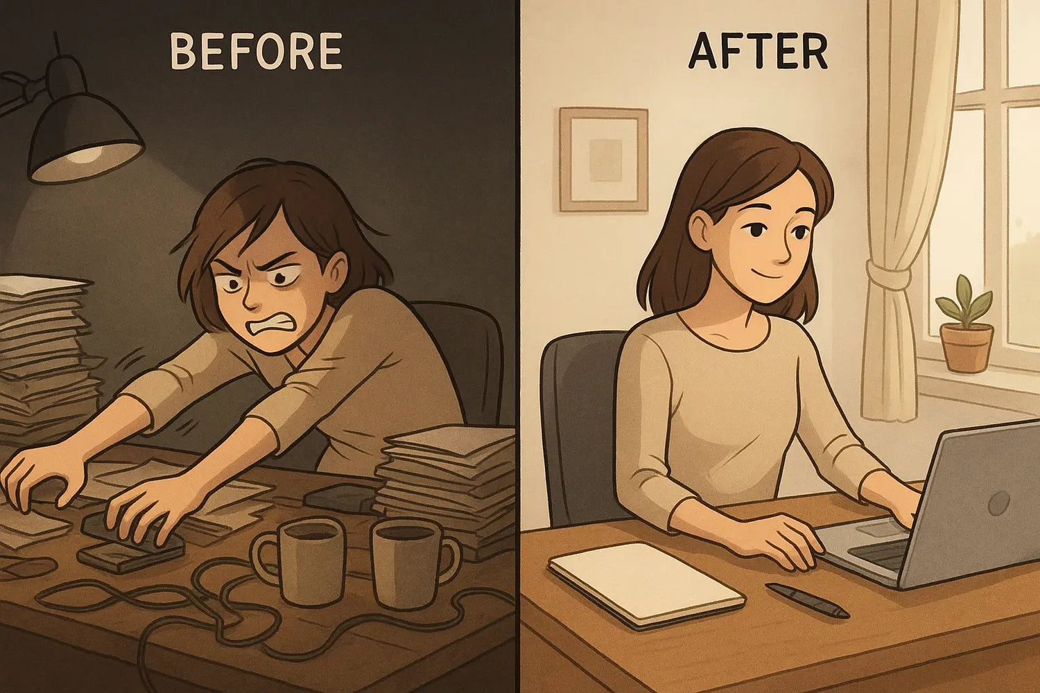 Split-panel illustration showing a cluttered desk transformation into an organized, calm workspace with items placed by frequency of use