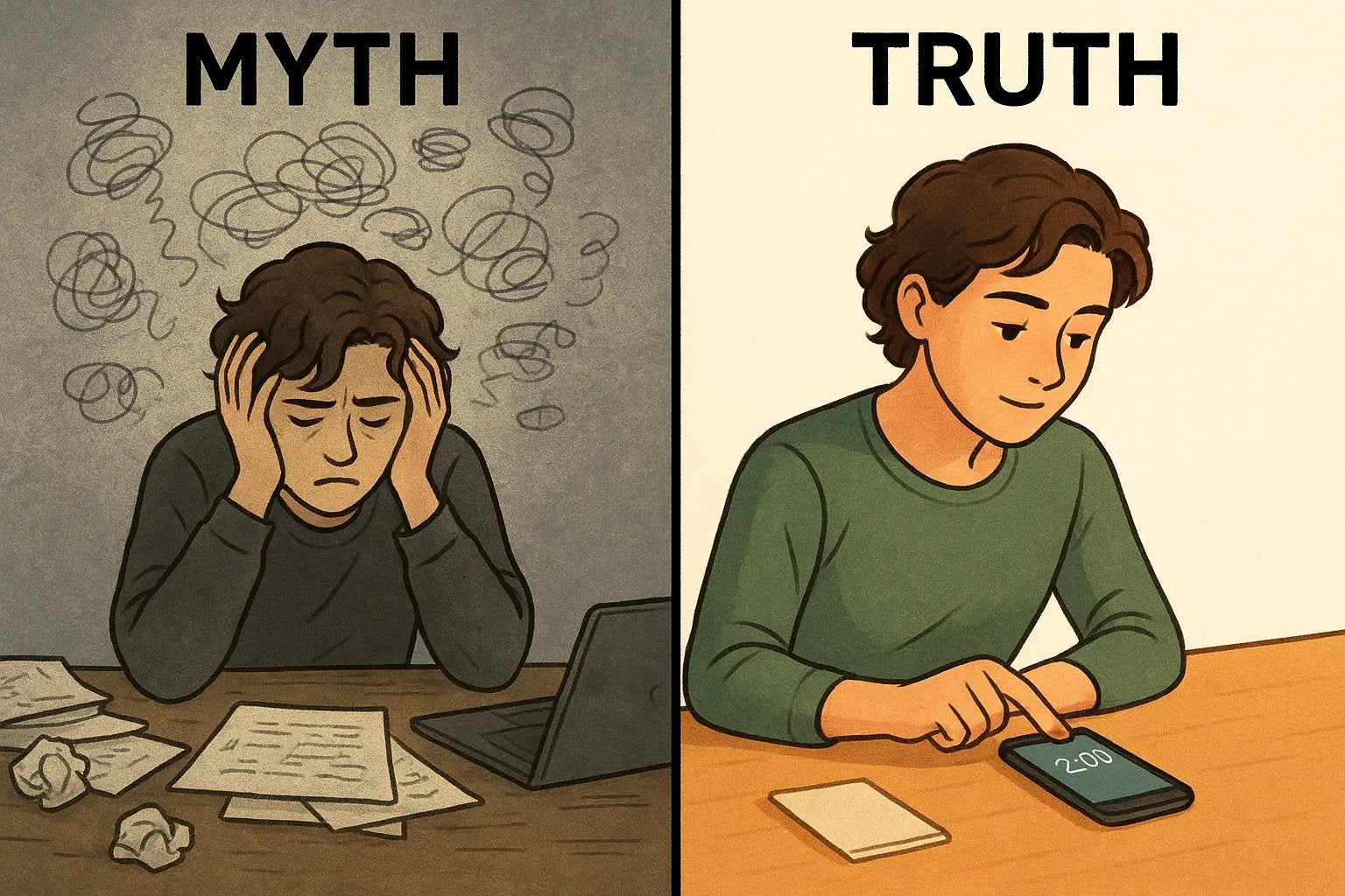 Side-by-side illustration showing a stressed person overwhelmed by planning on the left, and the same person calmly taking one small action on the right