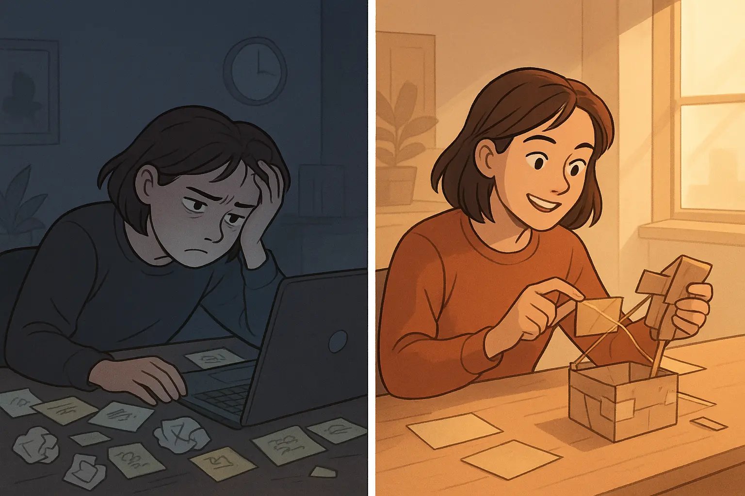 Woman transformed from overwhelmed at messy desk to energised while building a simple prototype in bright office setting