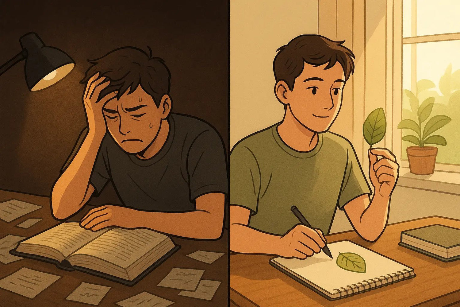 Split panel showing a student's transformation from frustrated textbook reading to calm, focused sketching of sensory objects for better learning