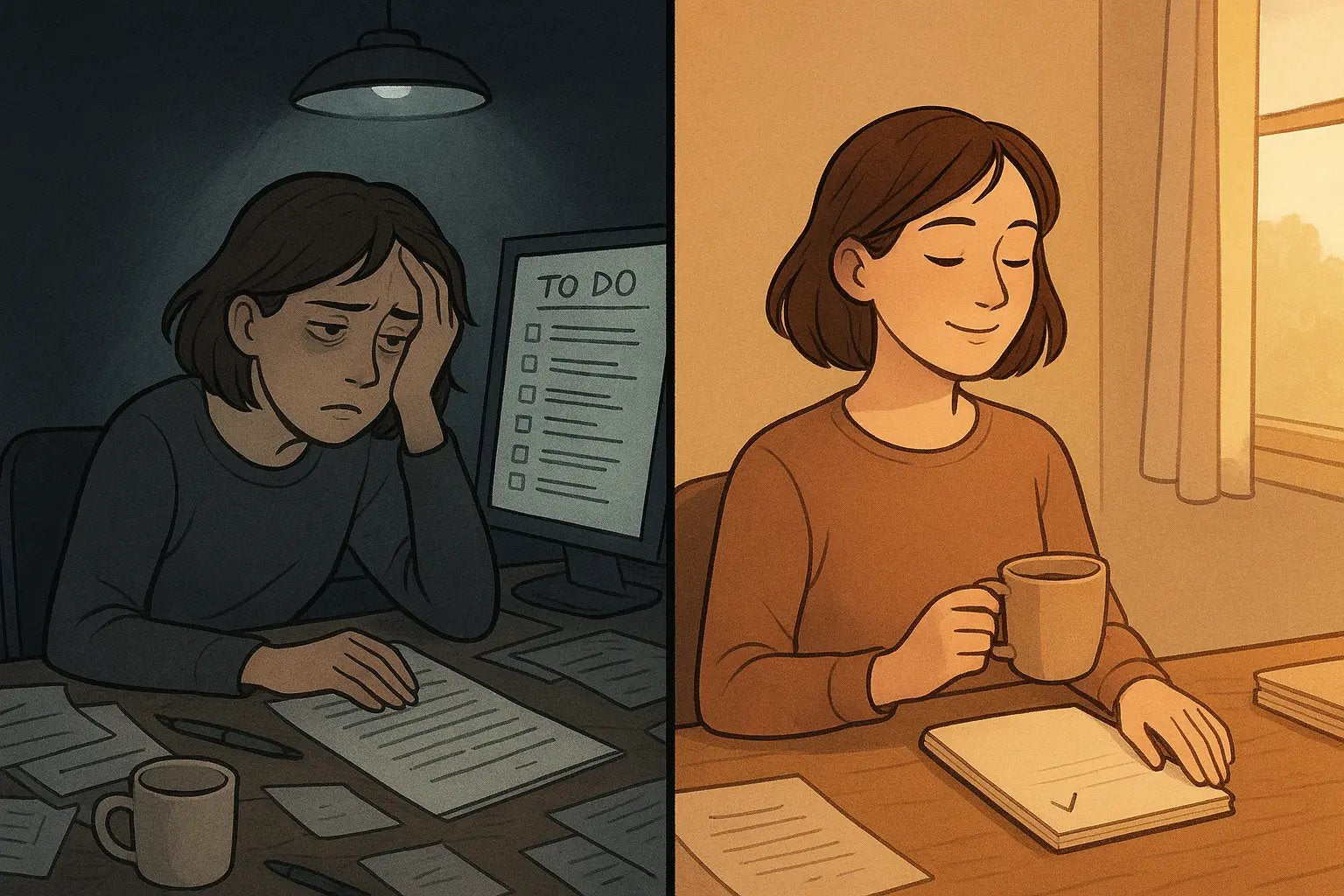 Split-panel showing a woman's transformation from overwhelmed at a messy desk to calm after completing one small task in soft afternoon light