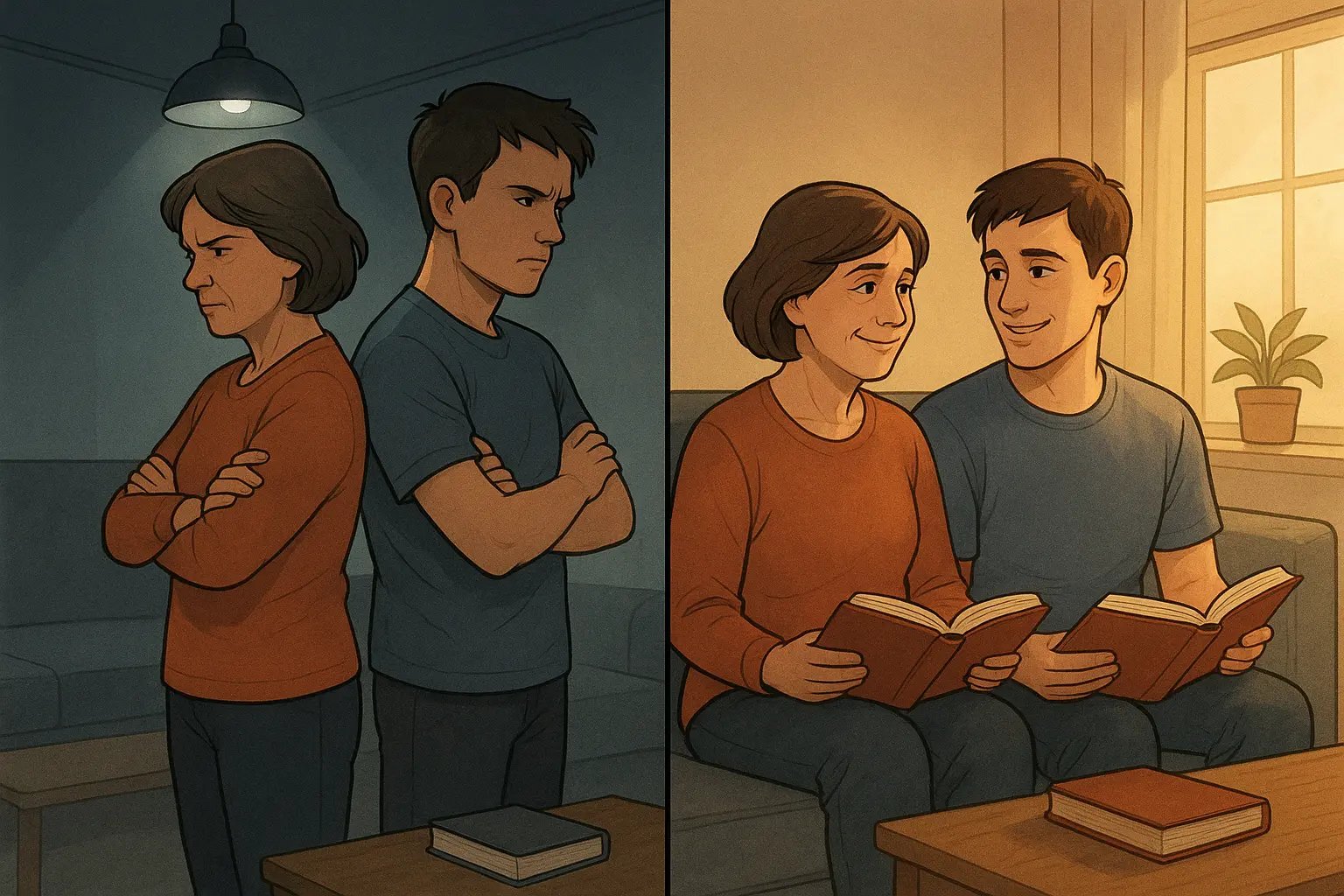 Parent and teen transform from tense conflict to warm connection on sofa after cross-reading neurodivergent resources together