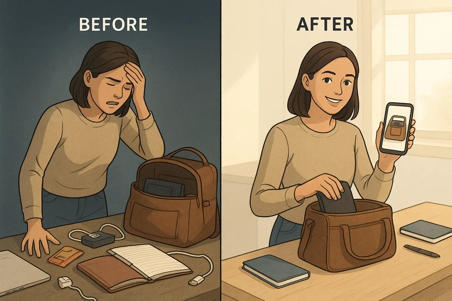 Split panel showing a woman transforming from overwhelmed at a chaotic desk to calm and organised using a phone photo as a guide.