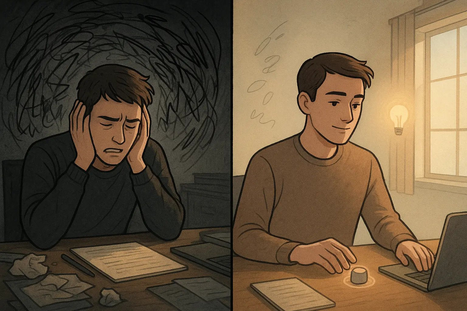 Split image showing transformation from isolation in darkness to being embraced by a friend in warm light