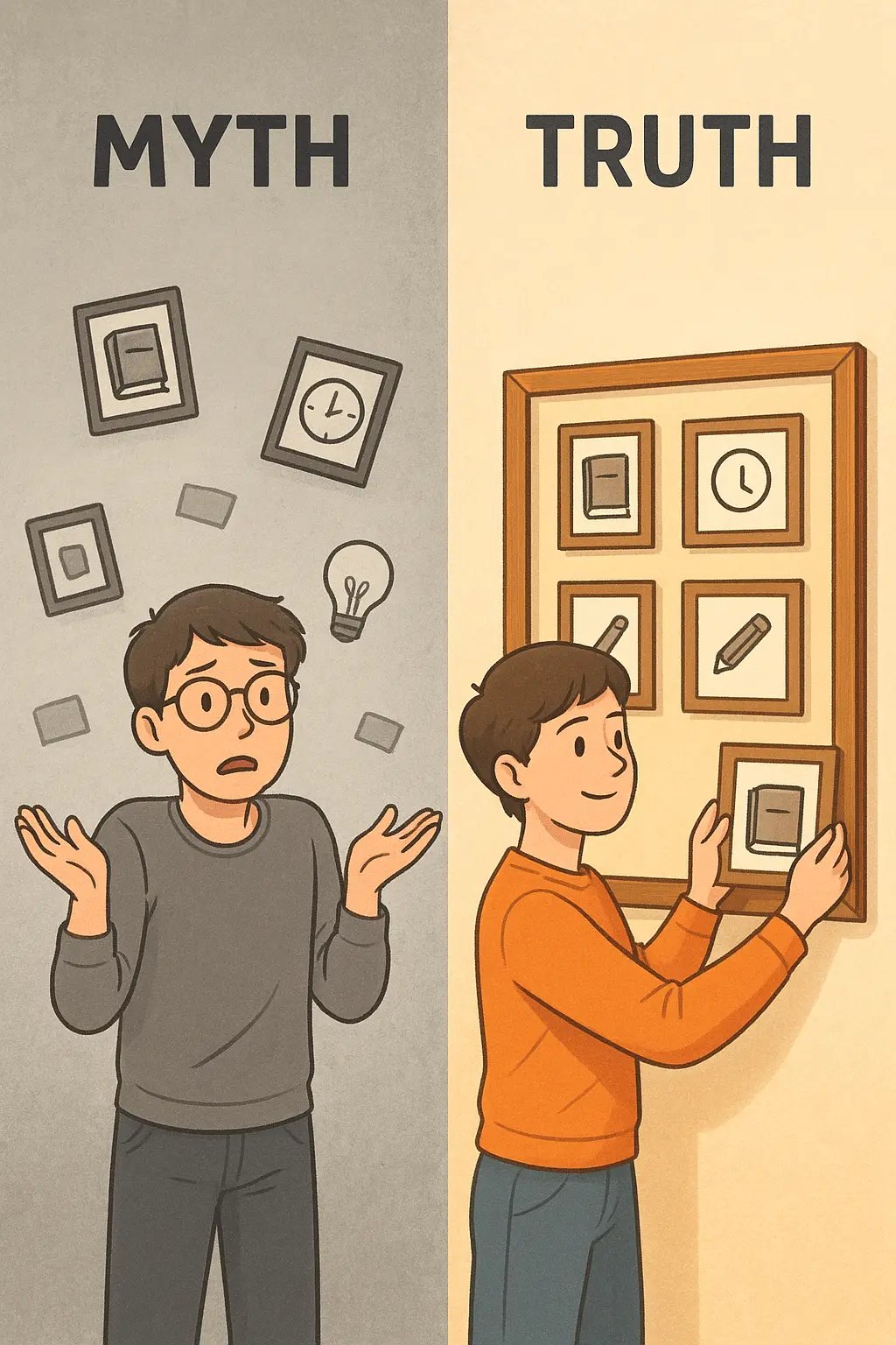 Student organizing study notes into a clear frame, transforming chaos into focused, structured learning