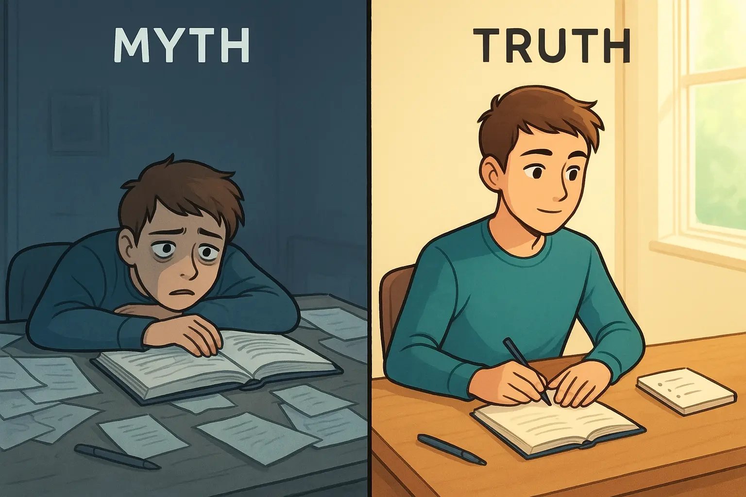 A student transforms from confused and slumped over a cluttered desk to focused and engaged, using a simple pre-reading note to guide their study session.
