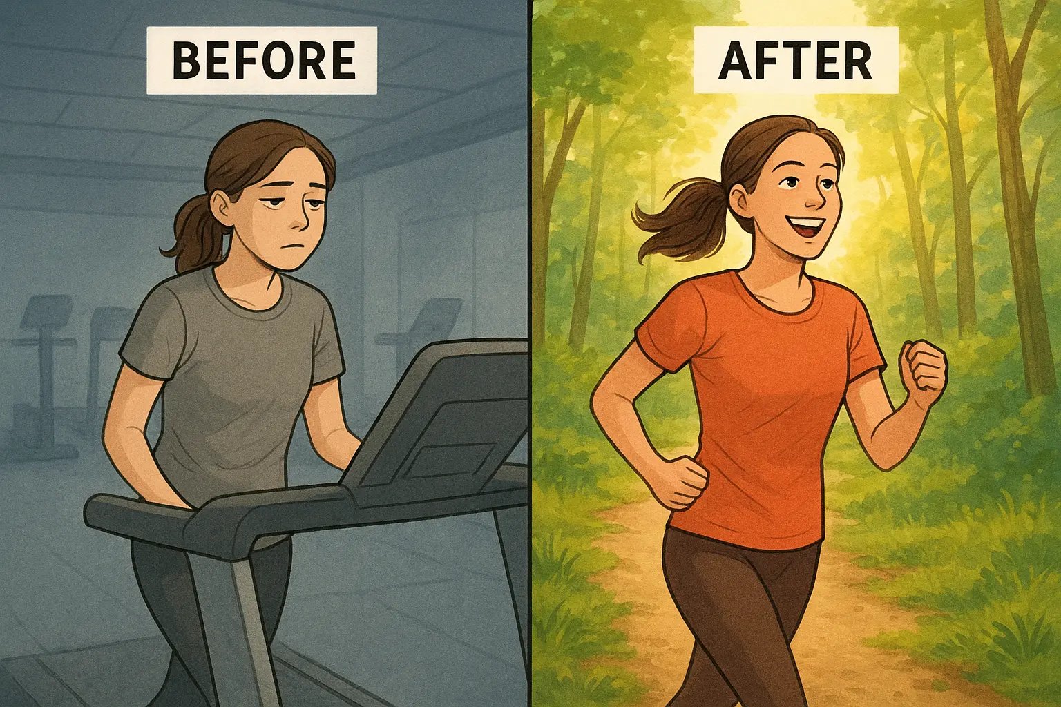 Woman running happily on scenic outdoor trail after switching from boring indoor treadmill workout