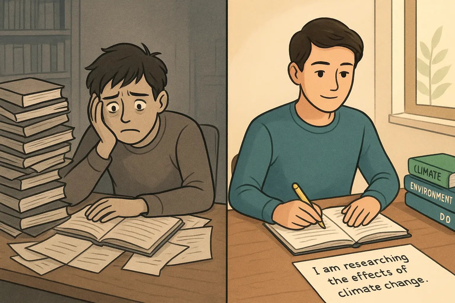 Student comparing chaotic research pile with organised, thesis-focused research approach in library setting