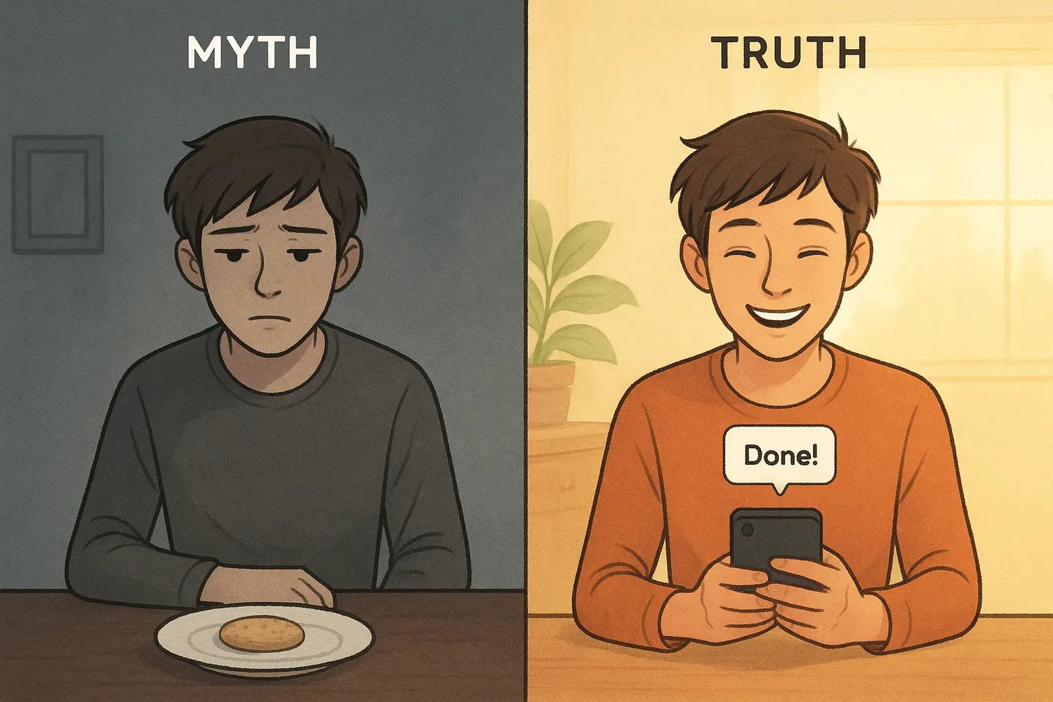 Split illustration showing lonely biscuit reward versus person smiling at supportive text message with thumbs-up emoji reply