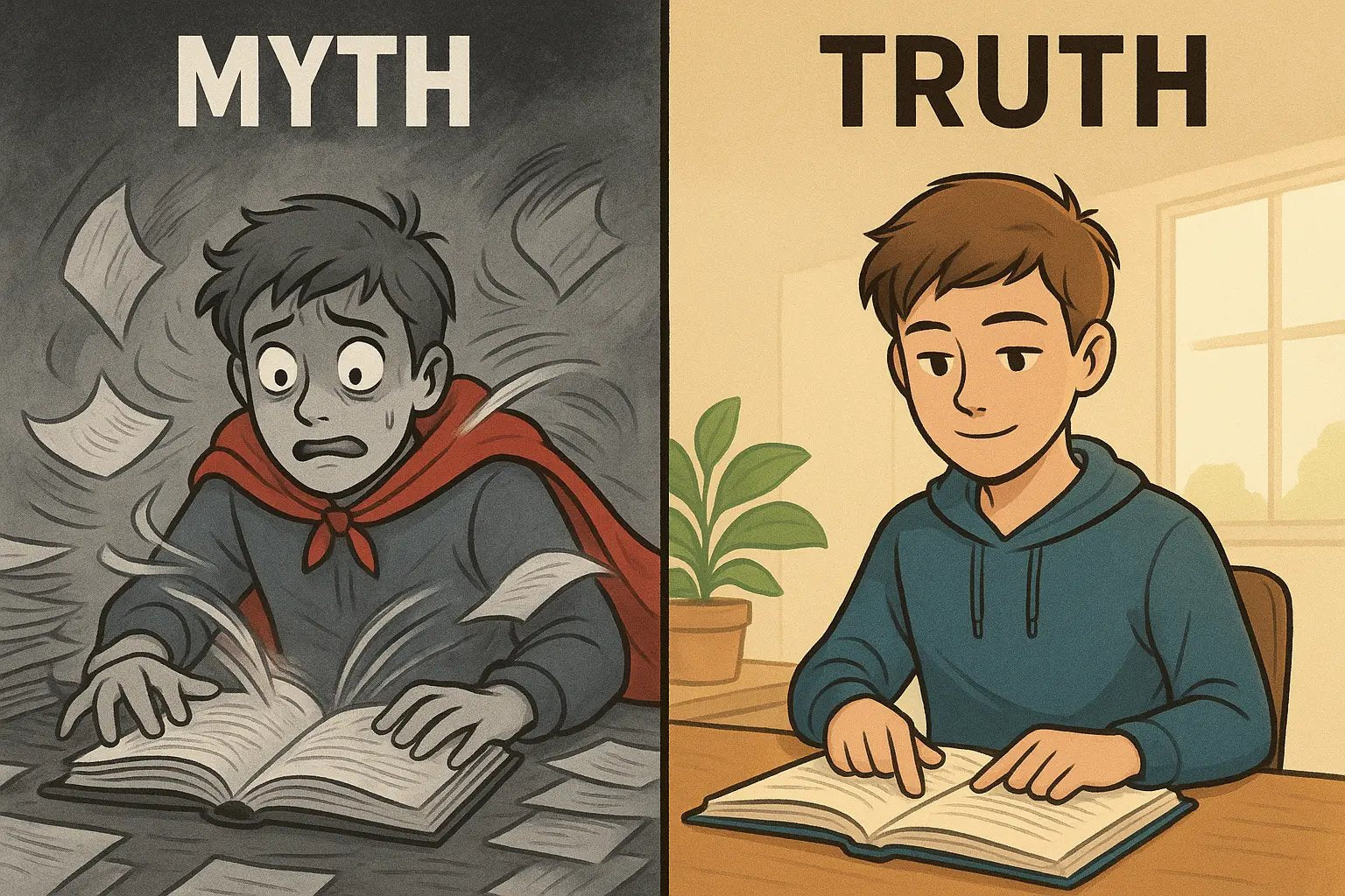 Split illustration showing chaotic student in cape struggling to speed read versus calm student reading efficiently at tidy desk