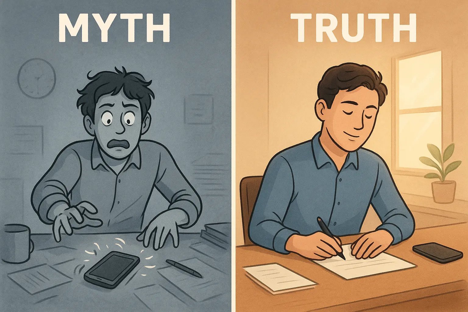 Side-by-side comparison showing stressed person interrupted by phone versus calm focused person with silenced phone during deep work