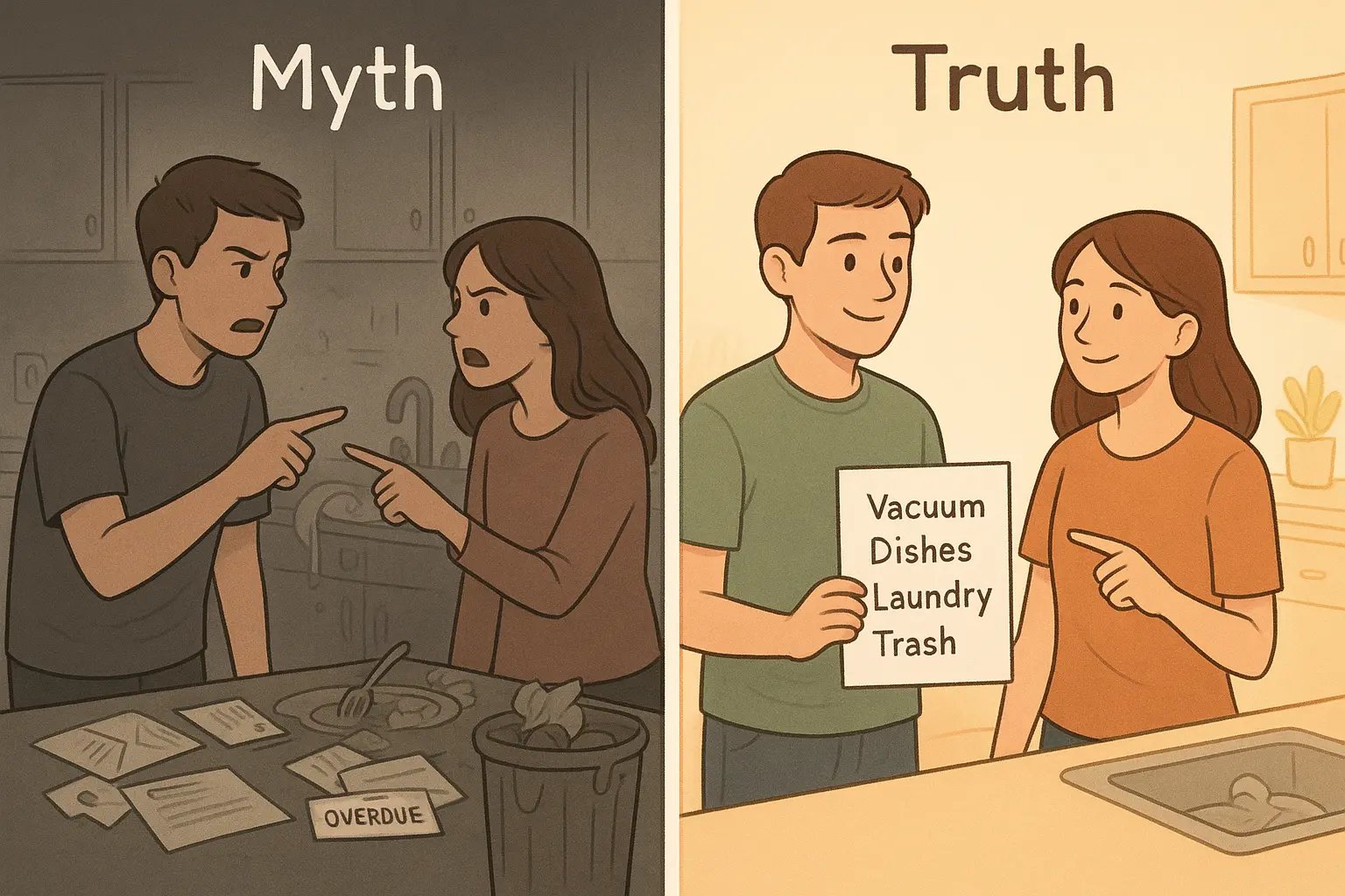 Couple calmly reviewing a household task checklist in their organised kitchen, demonstrating peaceful collaboration