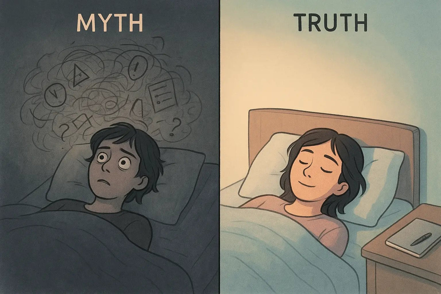 Side-by-side comparison showing stressed person with chaotic thoughts versus peaceful sleeper with closed notebook on nightstand