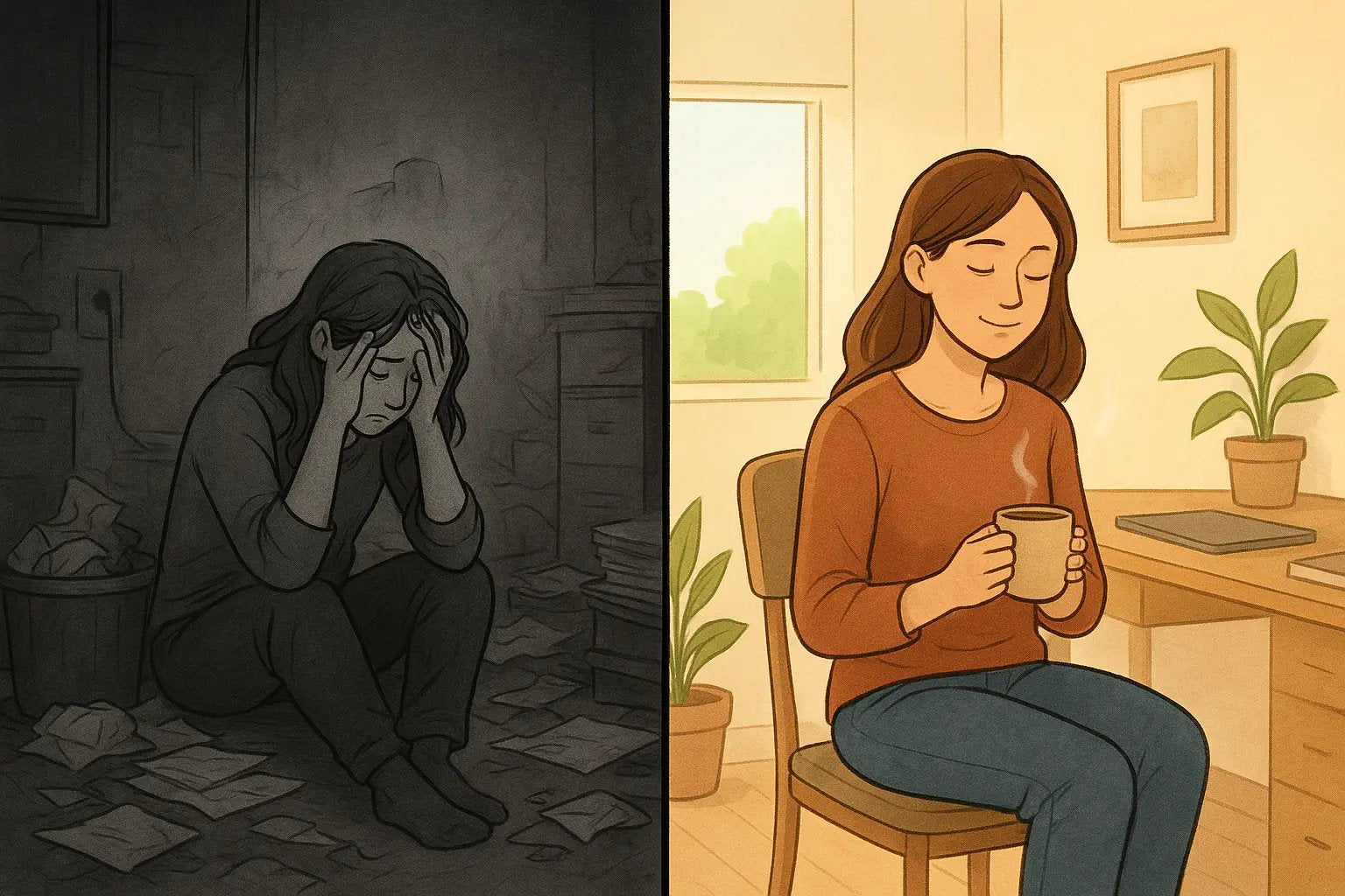 Side-by-side comparison showing a woman in a chaotic dark room versus a calm bright room, illustrating harsh inner critic versus self-compassion.