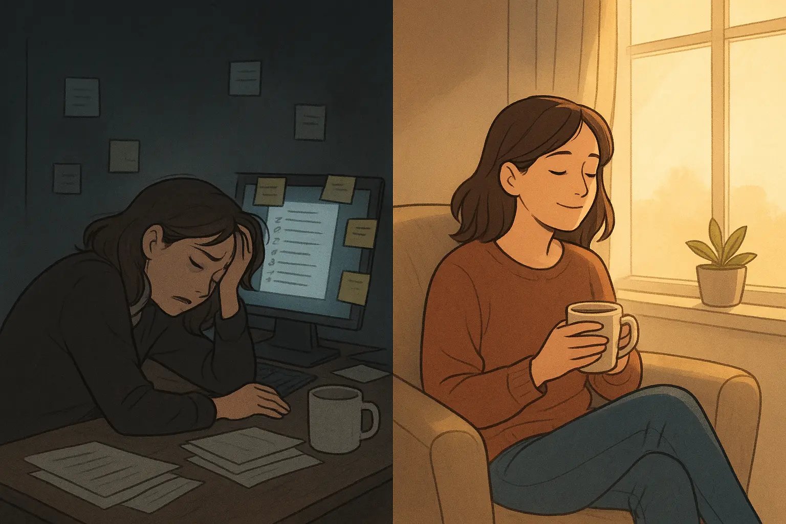 Woman transforming from stressed at cluttered desk to relaxed in cosy armchair by window, illustrating the power of taking breaks