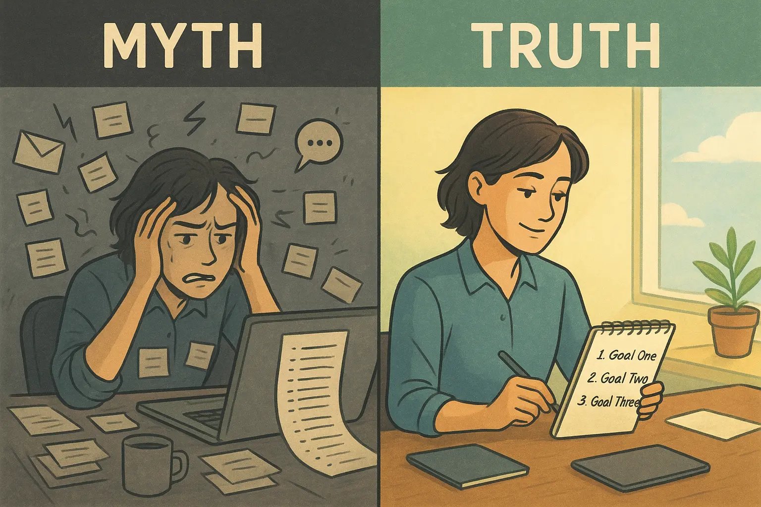 Side-by-side comparison showing a stressed professional at a cluttered desk versus a calm, focused person with only three goals written down