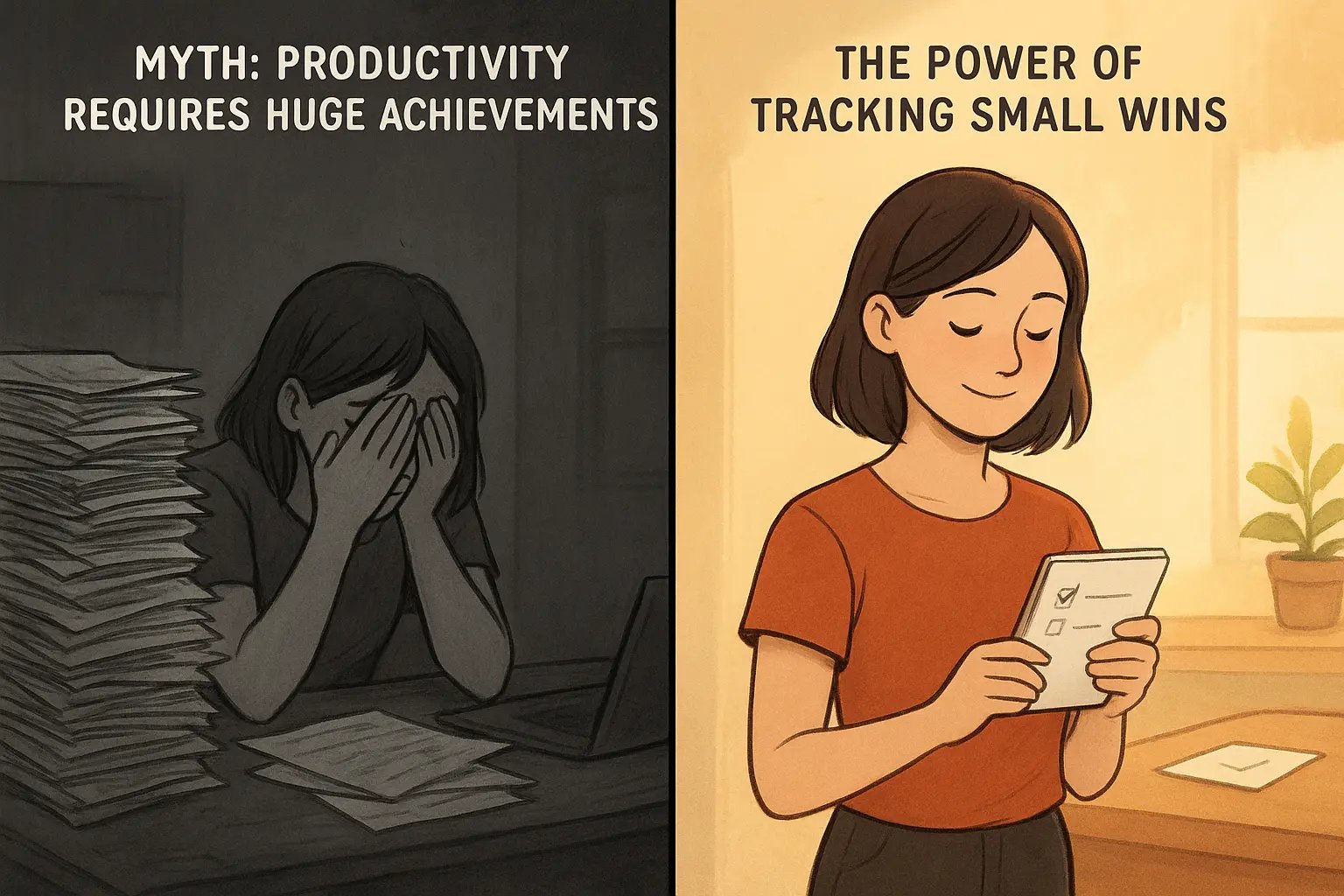 Woman smiling calmly at her tiny wins list notebook with one completed task on a tidy desk, illustrating the power of tracking small victories.