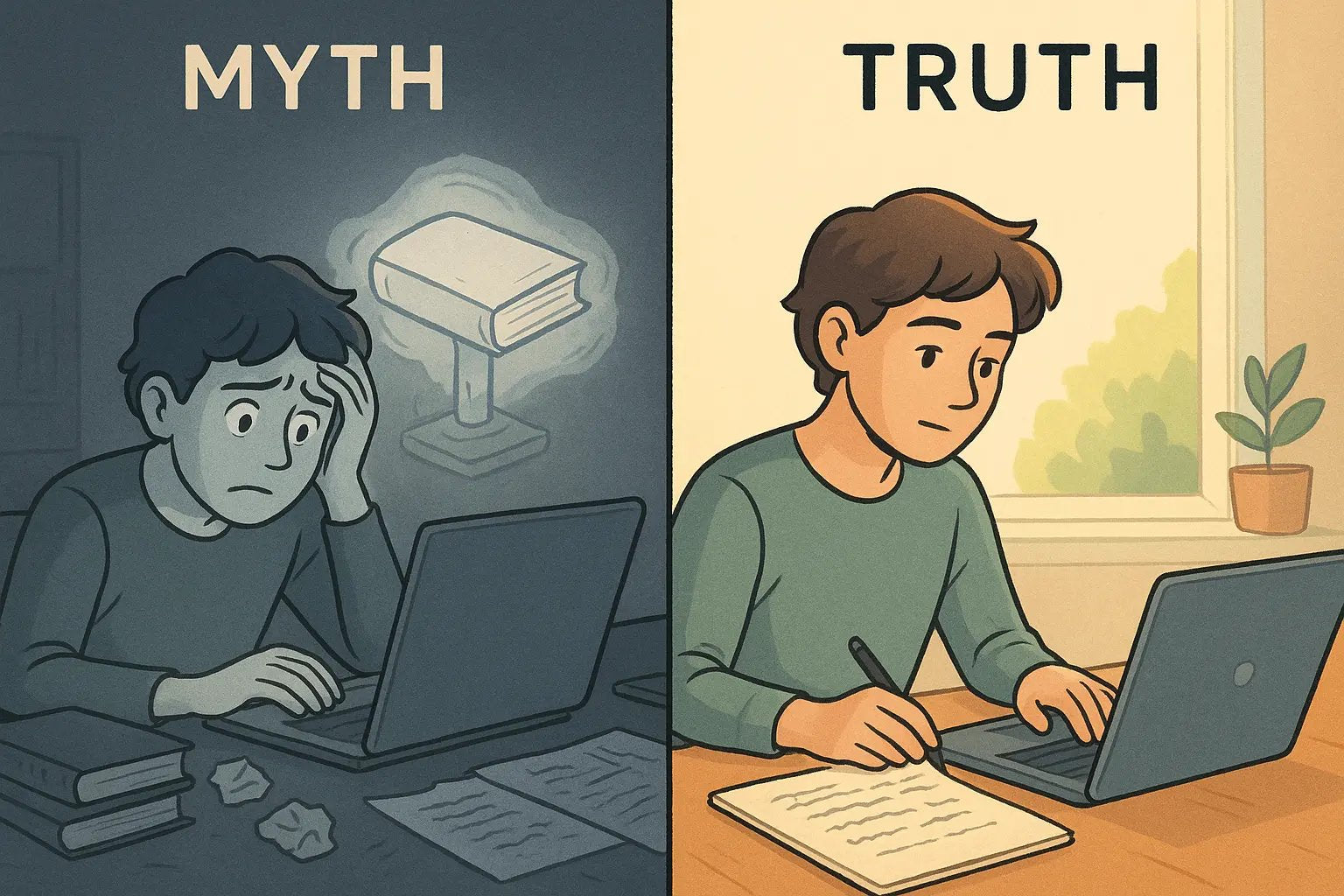 Student writing a messy rough draft on a laptop in a bright, organised room, contrasted with an anxious student frozen by perfectionism