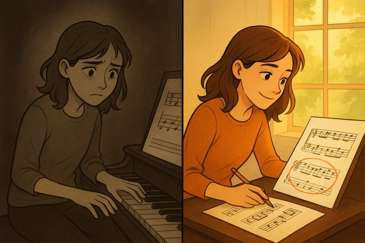Woman at piano confidently analysing mistakes in sheet music, contrasting with anxiously avoiding difficult passages
