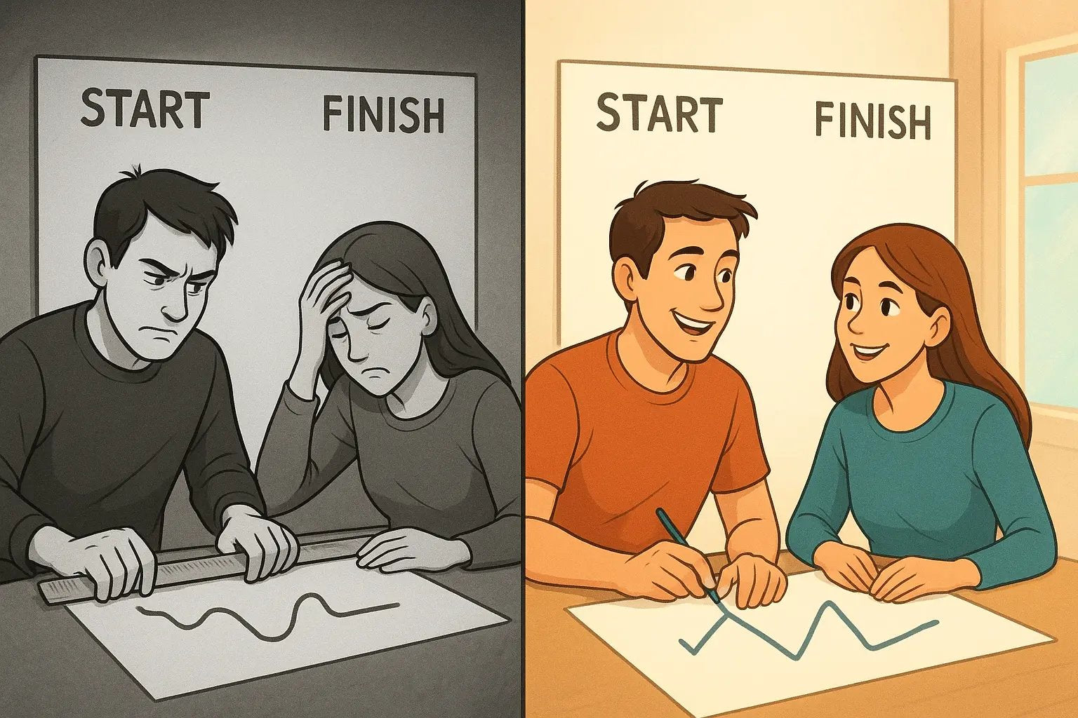 Couple drawing zigzag path on chart, comparing stressed monochrome attempt at straight line with joyful colourful zigzag approach
