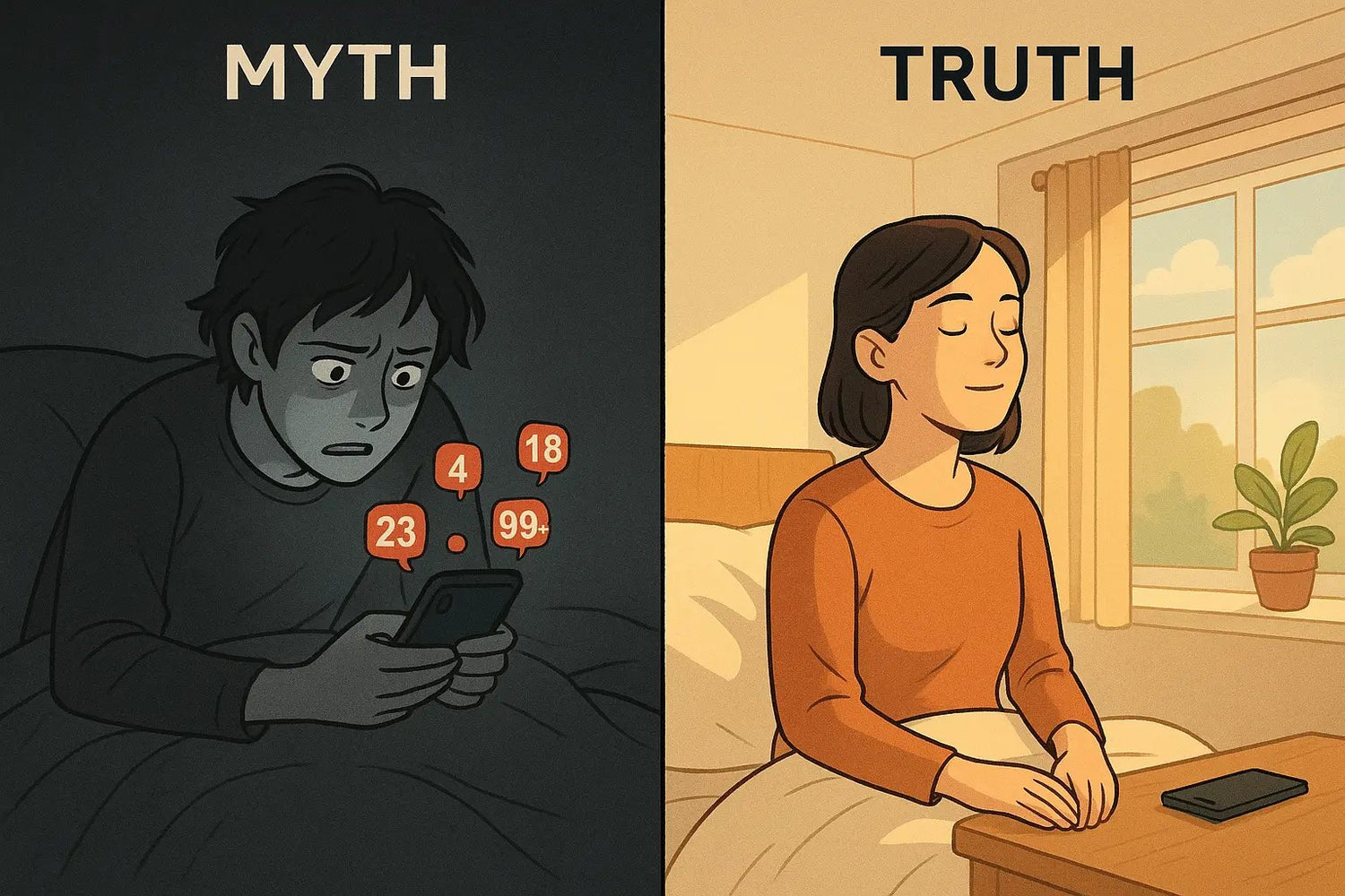 A peaceful person taking deep breaths in a sunlit bedroom before touching their phone, contrasted with a stressed person immediately checking their device in dim light.