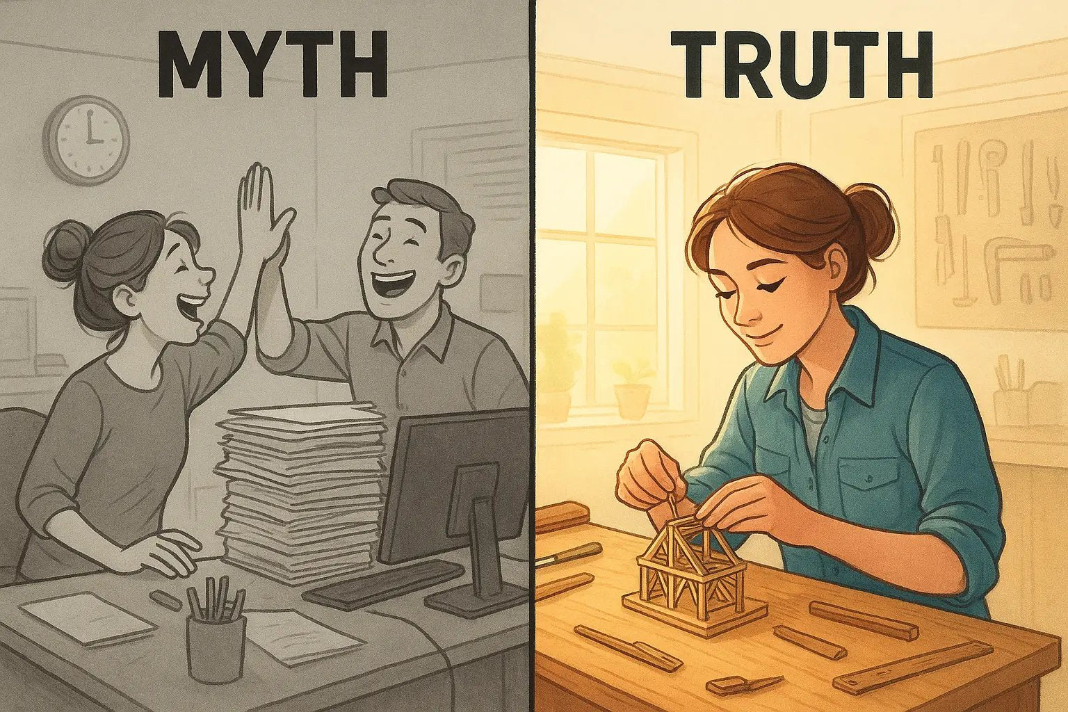 A side-by-side illustration showing a woman ignoring boring work to socialise versus happily focused on fulfilling tasks in a bright workshop.