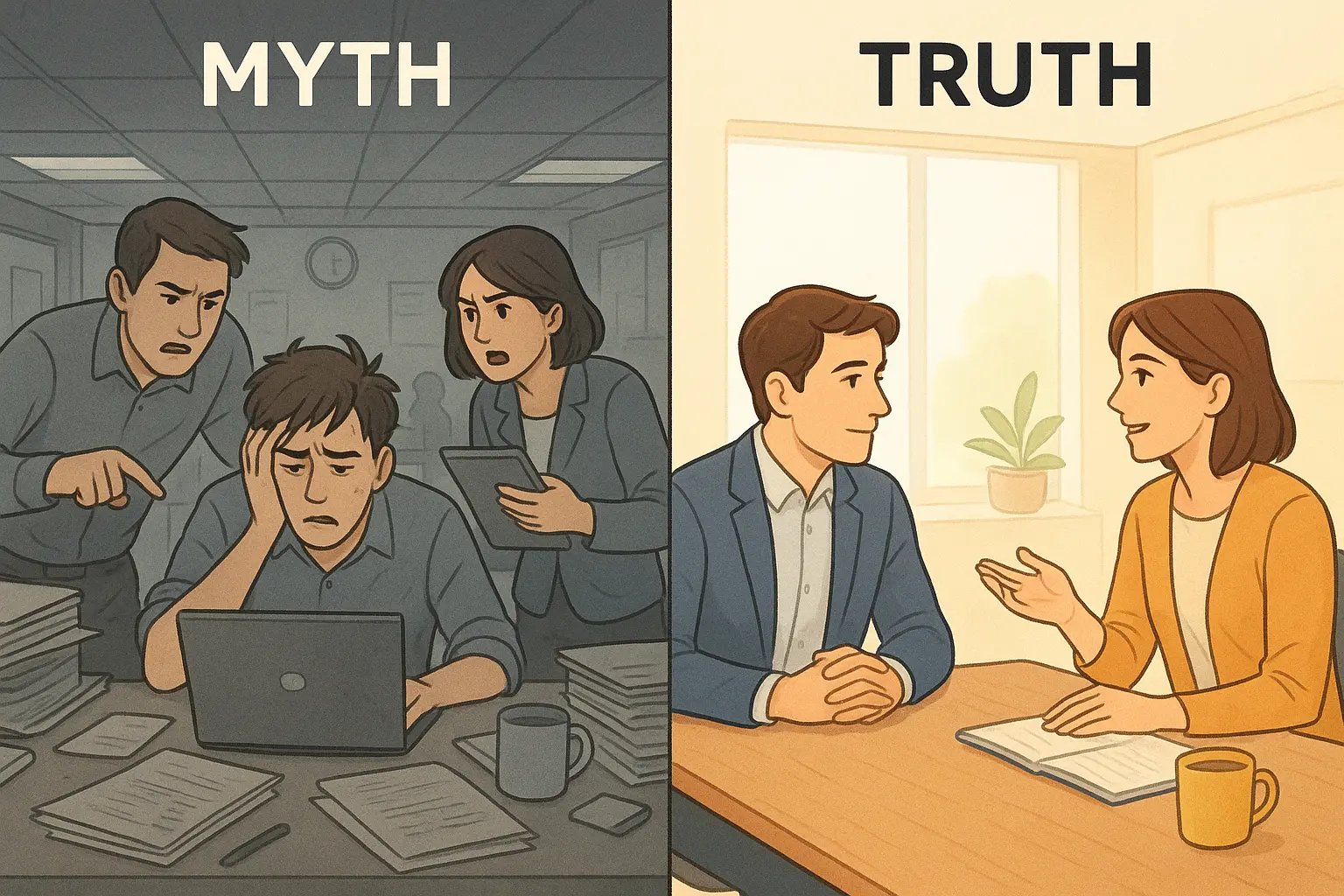 Comparison of chaotic work interruptions versus calm scheduled check-in meeting showing focus improvement