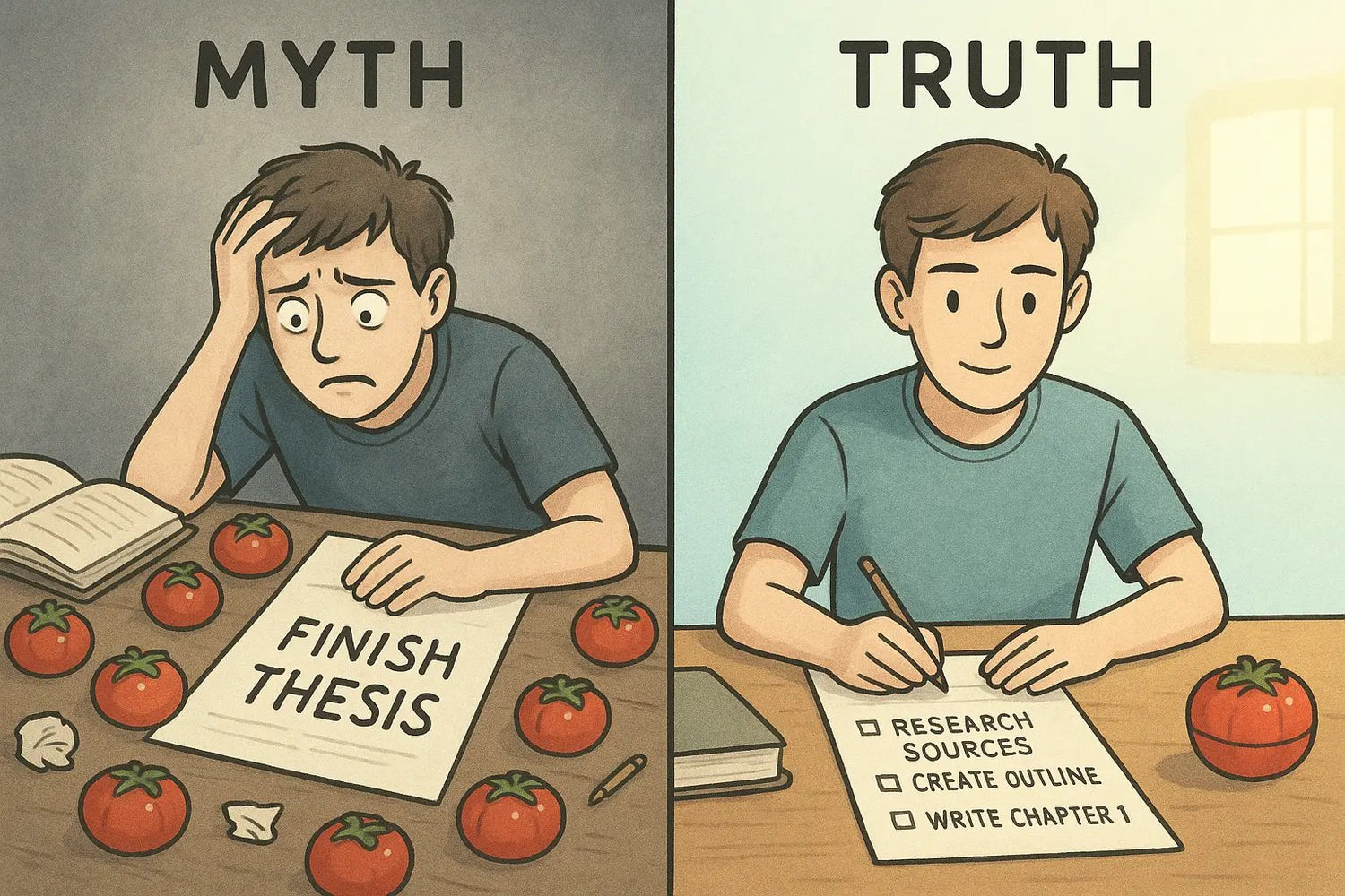 Split-screen illustration showing stressed student with multiple timers versus calm student with organised task list and single Pomodoro timer.