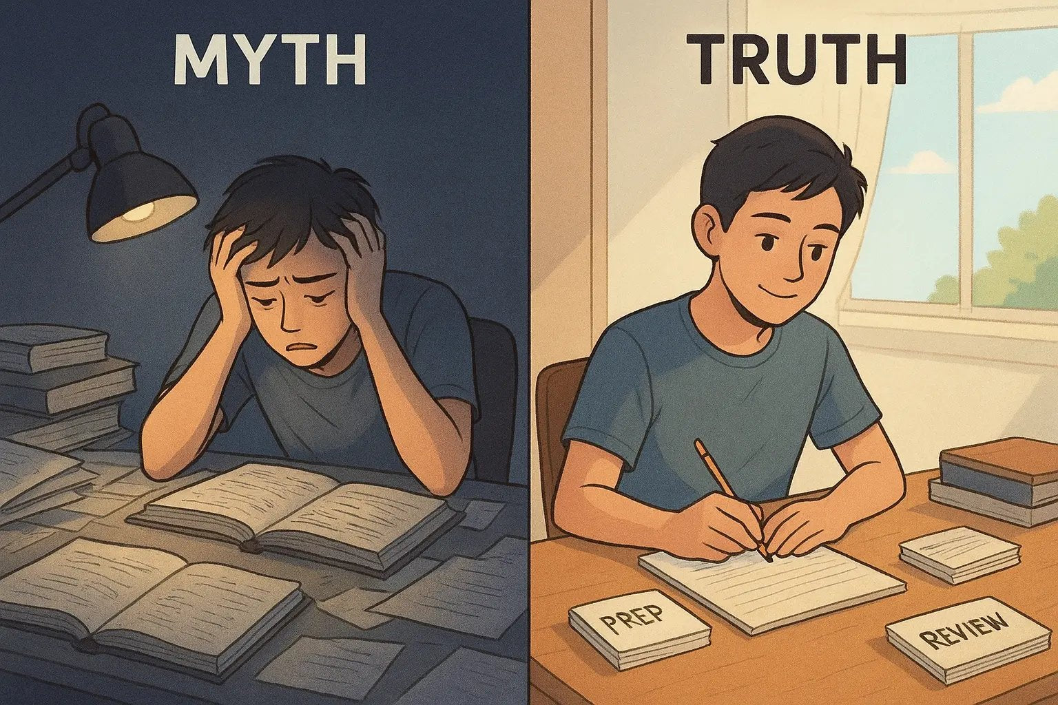 Side-by-side comparison of a stressed student cramming late at night versus a calm student using organised prep and review study sessions in bright natural light.