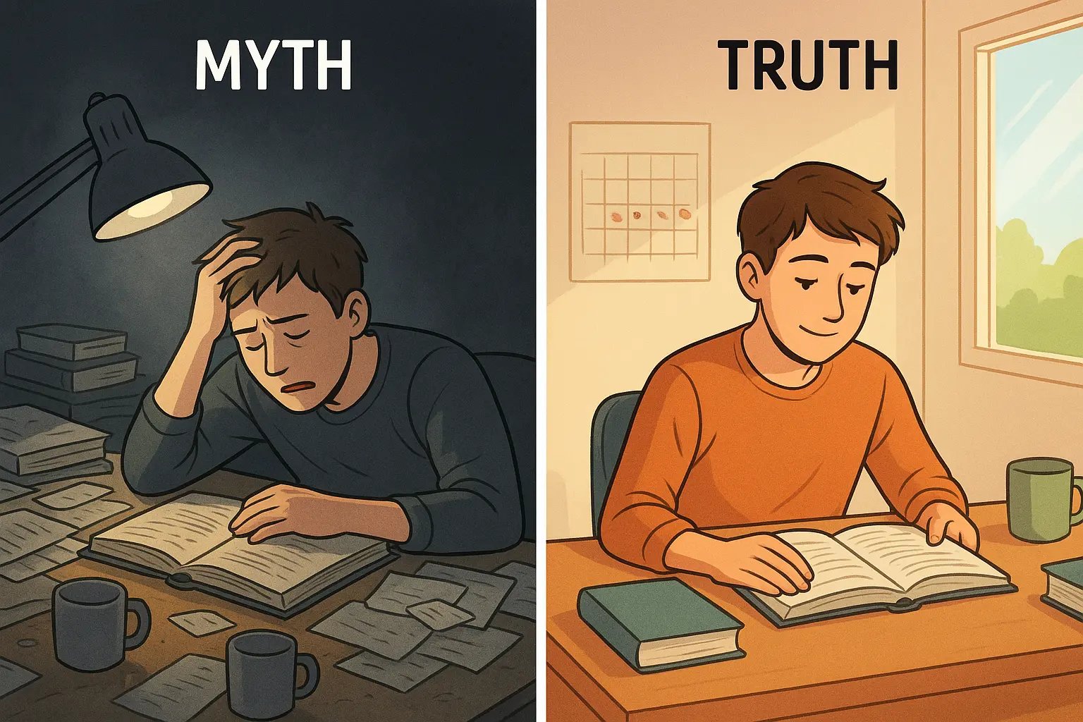 Side-by-side illustration showing stressed student cramming at night versus calm student using distributed practice in bright daylight