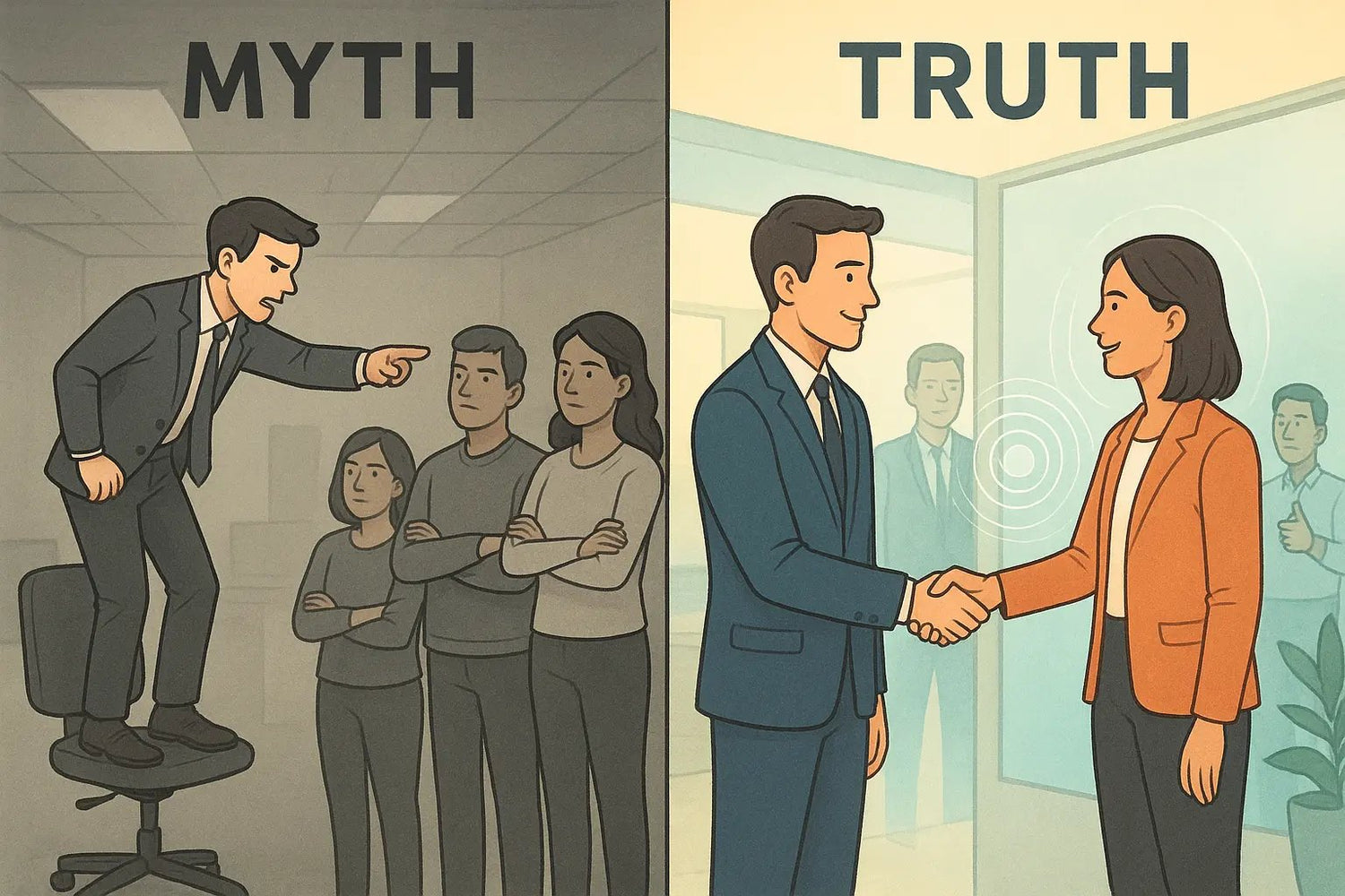 Side-by-side illustration showing a person demanding trust from sceptical colleagues versus calmly building self-trust that ripples outward to create positive workplace relationships.