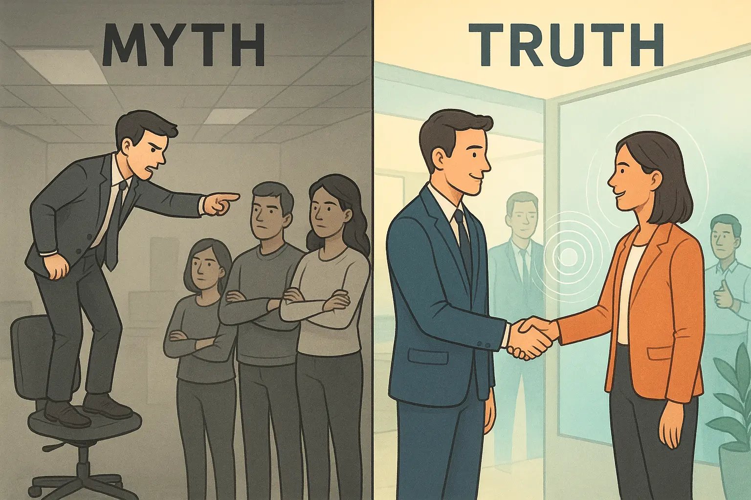 Side-by-side illustration showing a person demanding trust from sceptical colleagues versus calmly building self-trust that ripples outward to create positive workplace relationships.