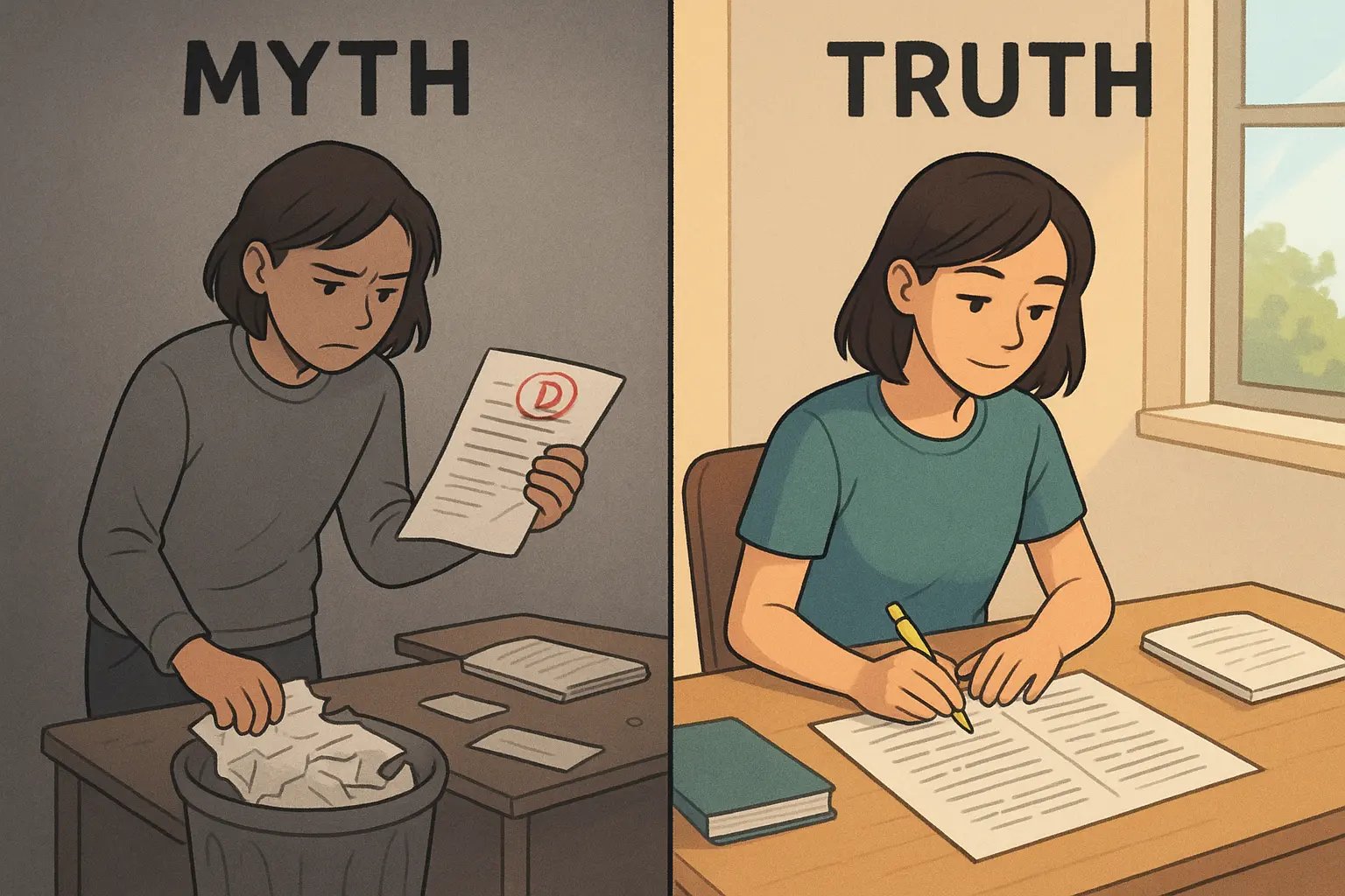 Student calmly reviewing marked exam paper, highlighting mistakes to learn from errors rather than focusing on the grade